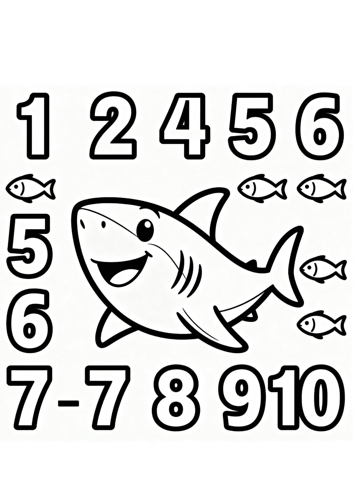 shark number coloring page with counting fish and bold black outline only for preschool learning activities