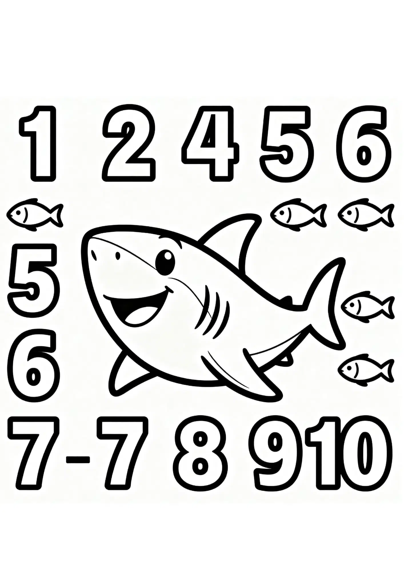 shark number coloring page with counting fish and bold black outline only for preschool learning activities
