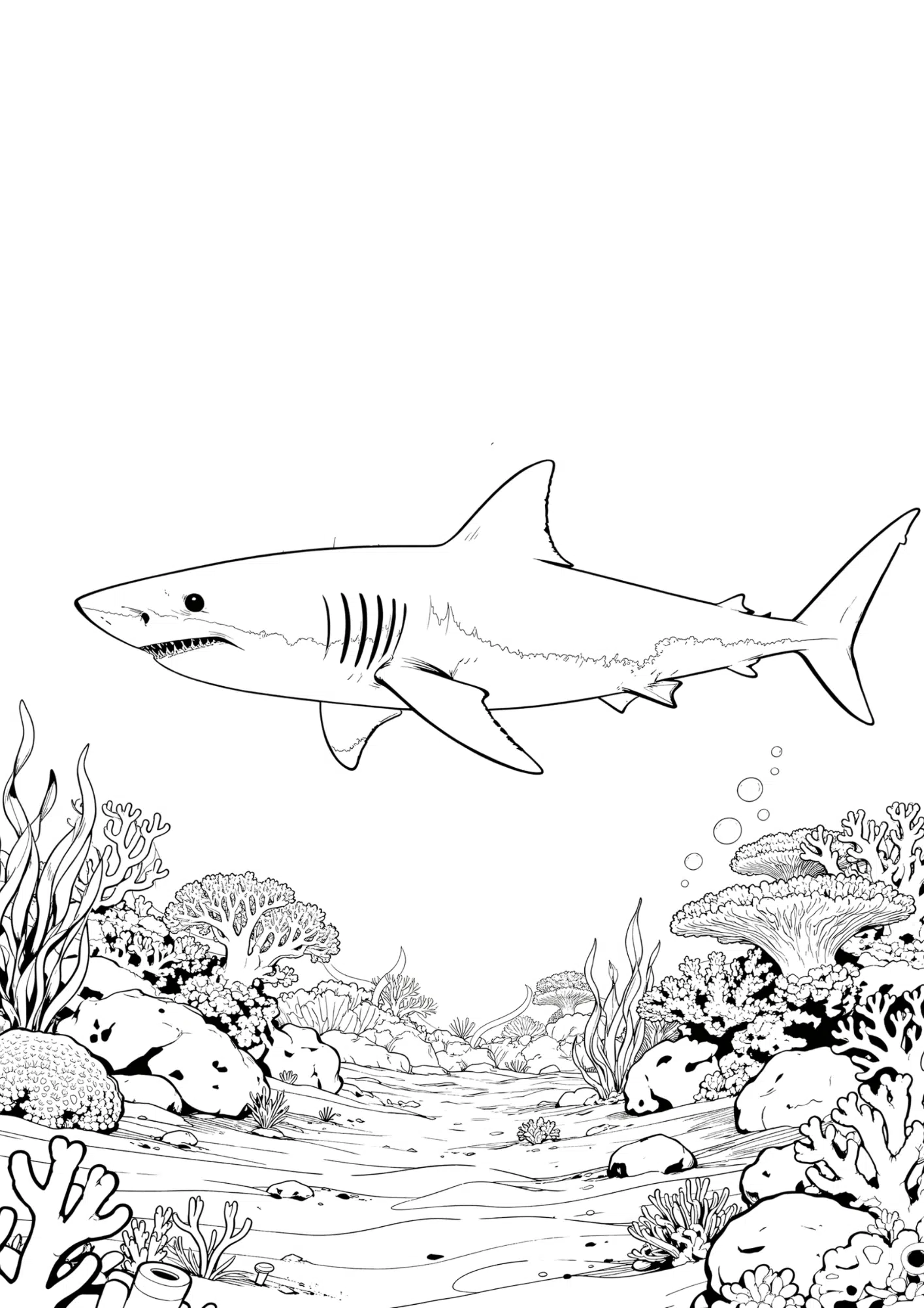 shark ocean habitat coloring page with coral fish seaweed and bold black outline only for printable coloring