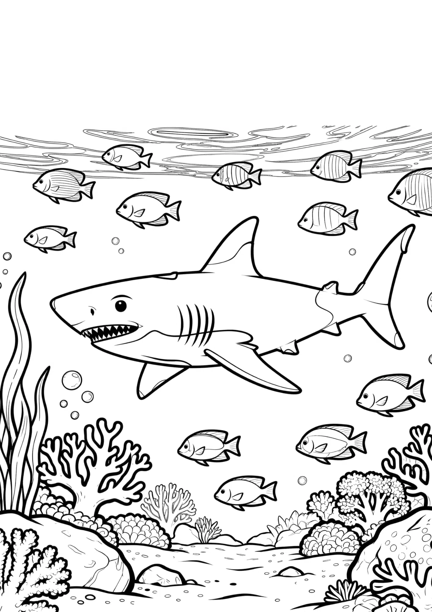 shark swimming with tropical fish coloring page in realistic underwater outline scene for kids and adults