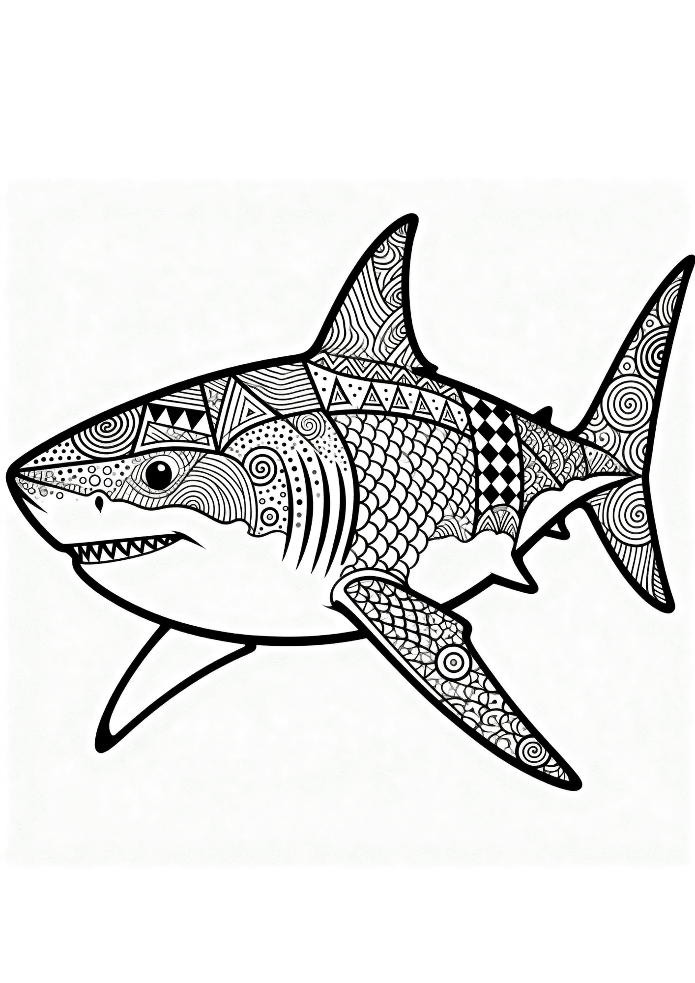 shark underwater mandala coloring page with bold black outline patterns and empty spaces for coloring