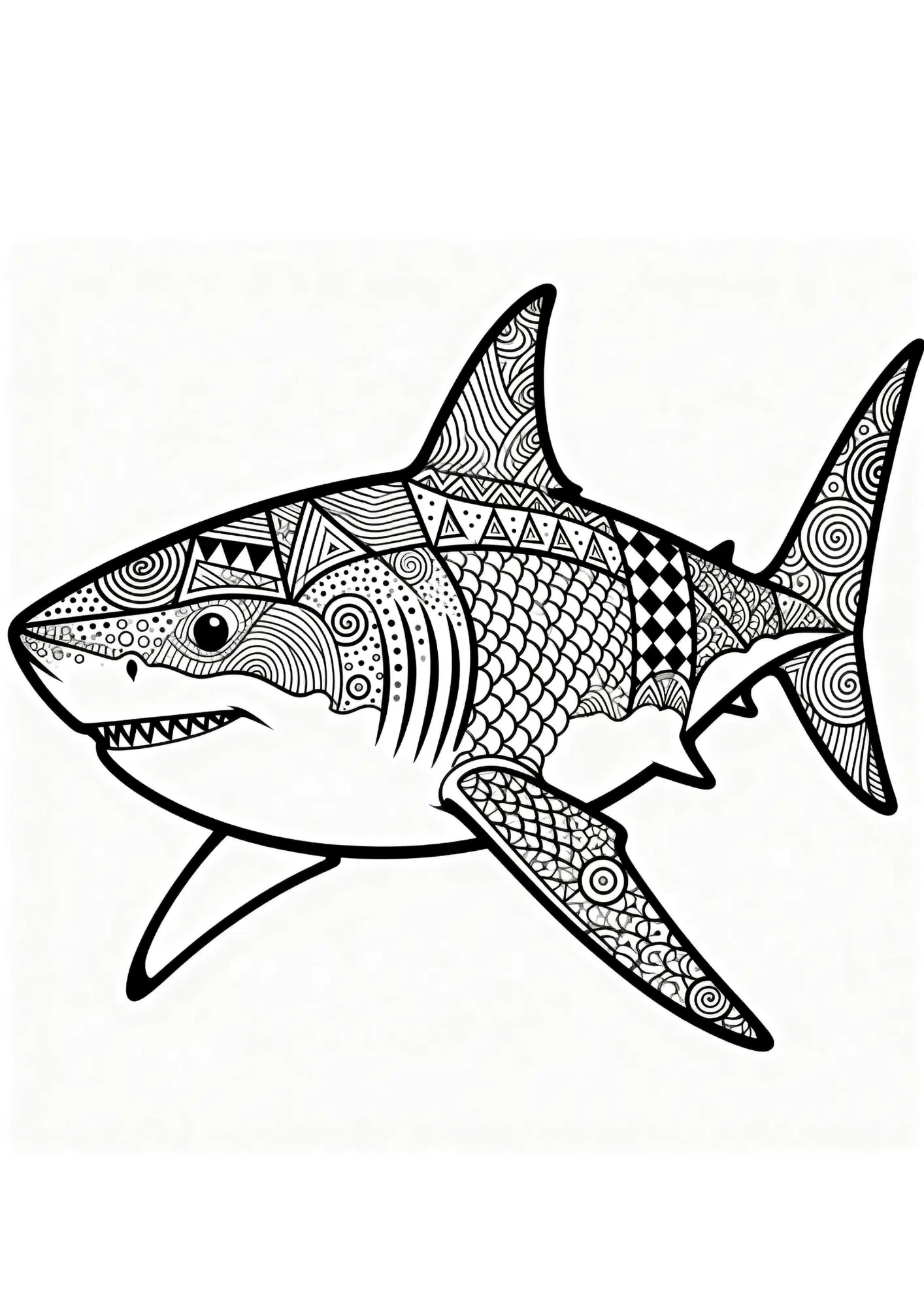 shark underwater mandala coloring page with bold black outline patterns and empty spaces for coloring