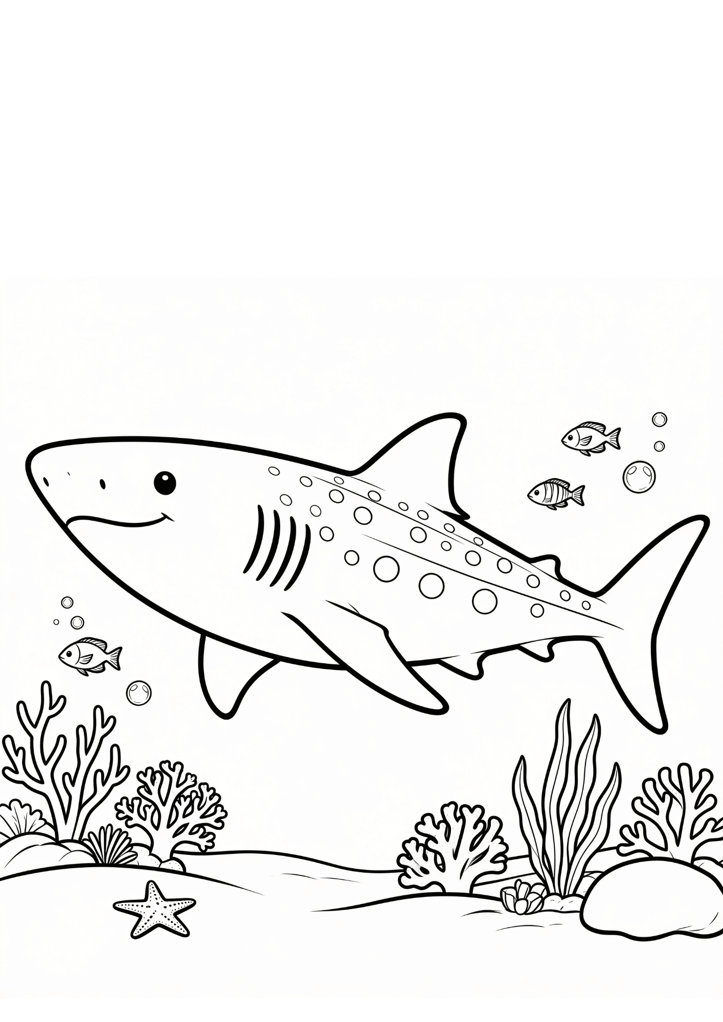 shark with coral reef coloring page featuring coral starfish and seaweed in bold black outline only artwork