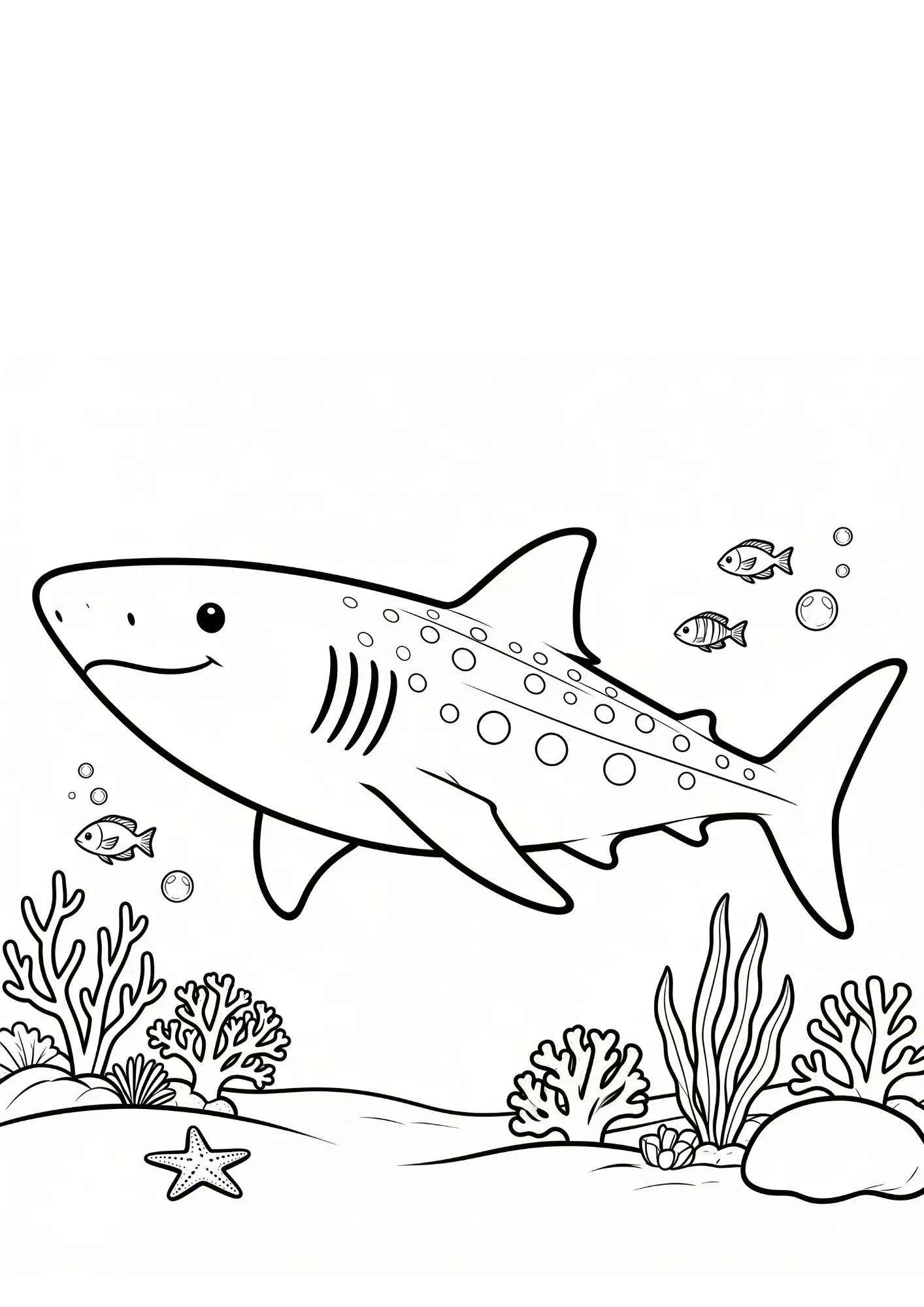 shark with coral reef coloring page featuring coral starfish and seaweed in bold black outline only artwork