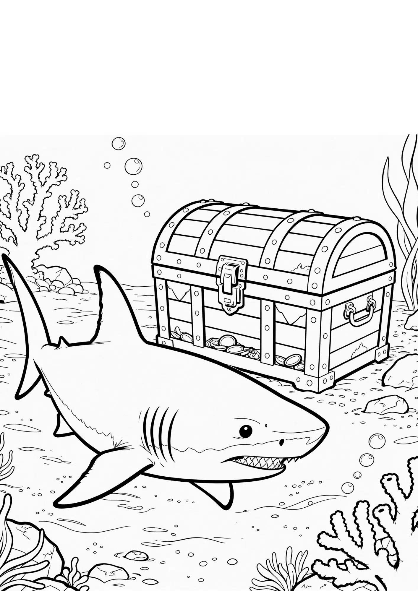 shark with treasure chest coloring page in bold black outline only and empty underwater spaces for coloring