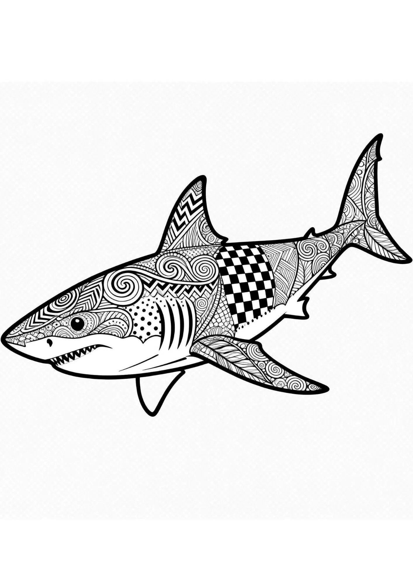shark zentangle coloring page with detailed black outline patterns and empty spaces for creative coloring