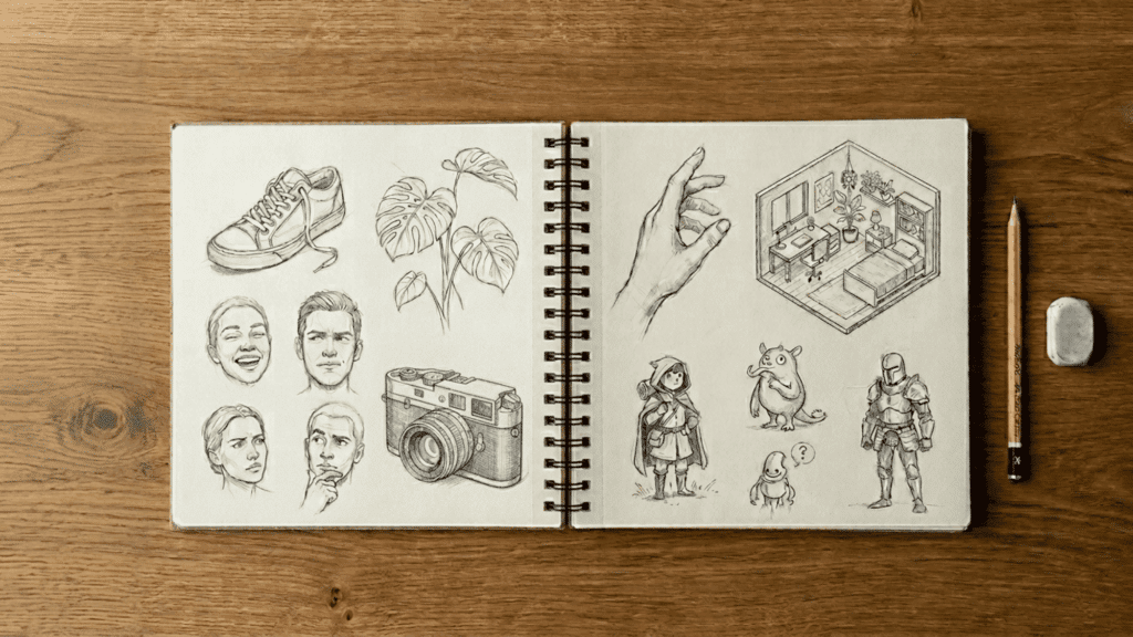 sketchbook-with-mixed-drawing-ideas-including-faces-objects-characters-and-room-concepts