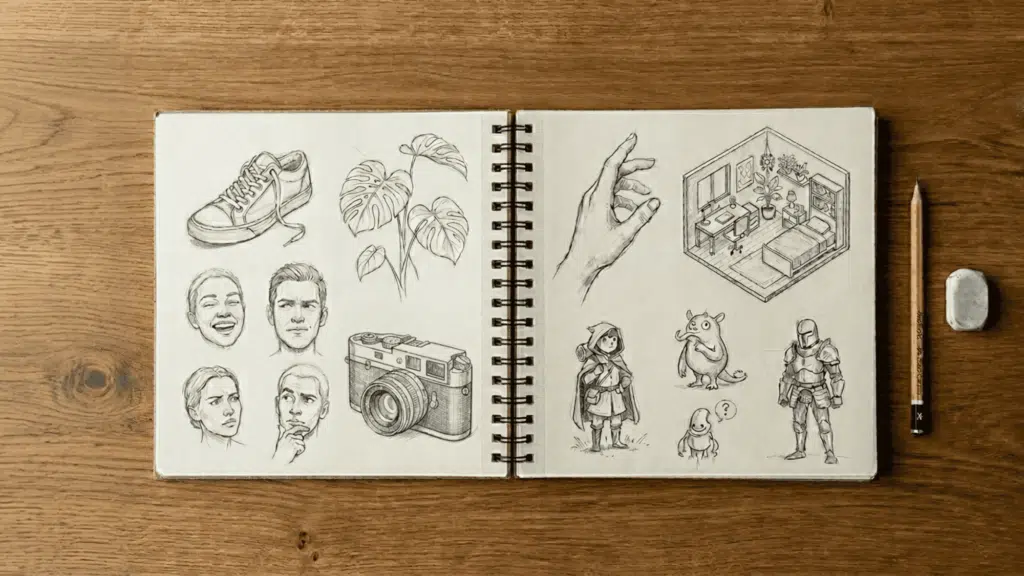 sketchbook-with-mixed-drawing-ideas-including-faces-objects-characters-and-room-concepts