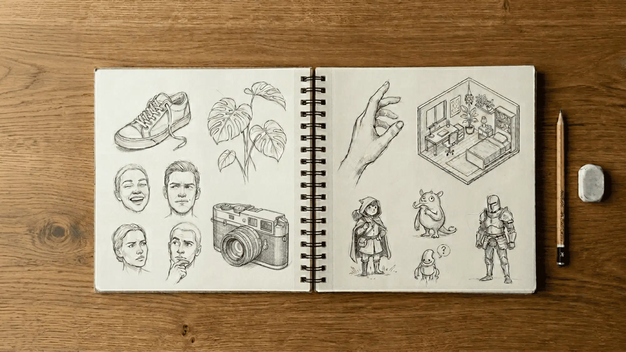 sketchbook-with-mixed-drawing-ideas-including-faces-objects-characters-and-room-concepts