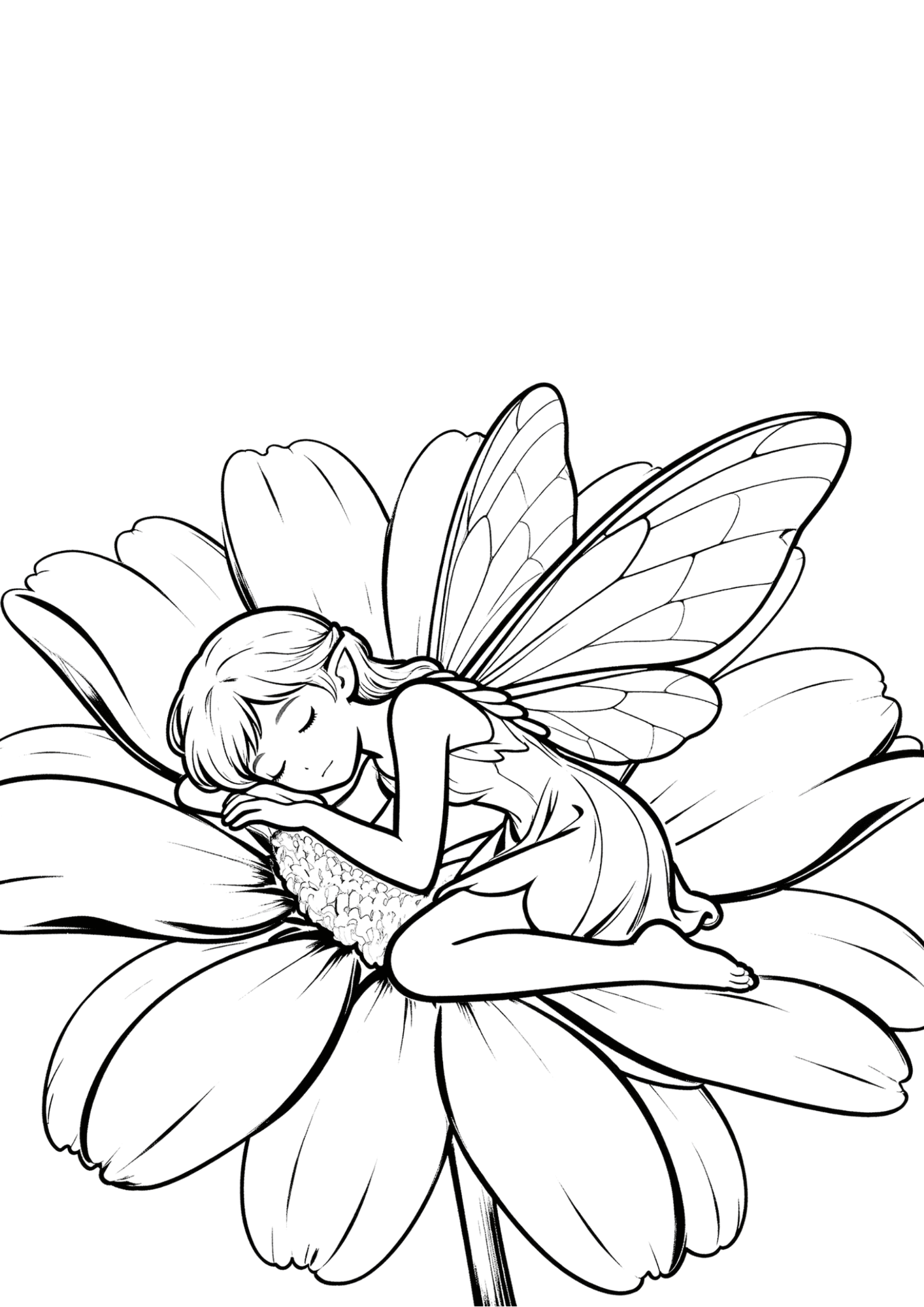sleeping fairy coloring page with a fairy resting on flower petals in simple bold outline coloring book line art