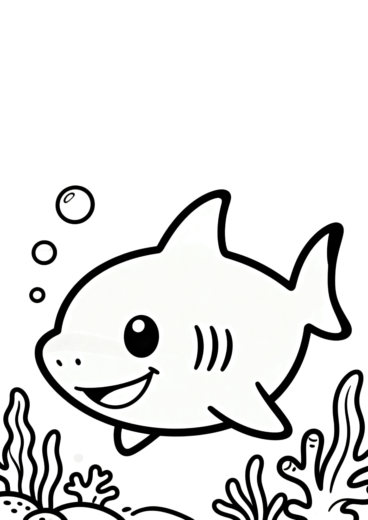 smiling shark coloring page for toddlers with thick black outlines and large empty spaces for easy coloring fun