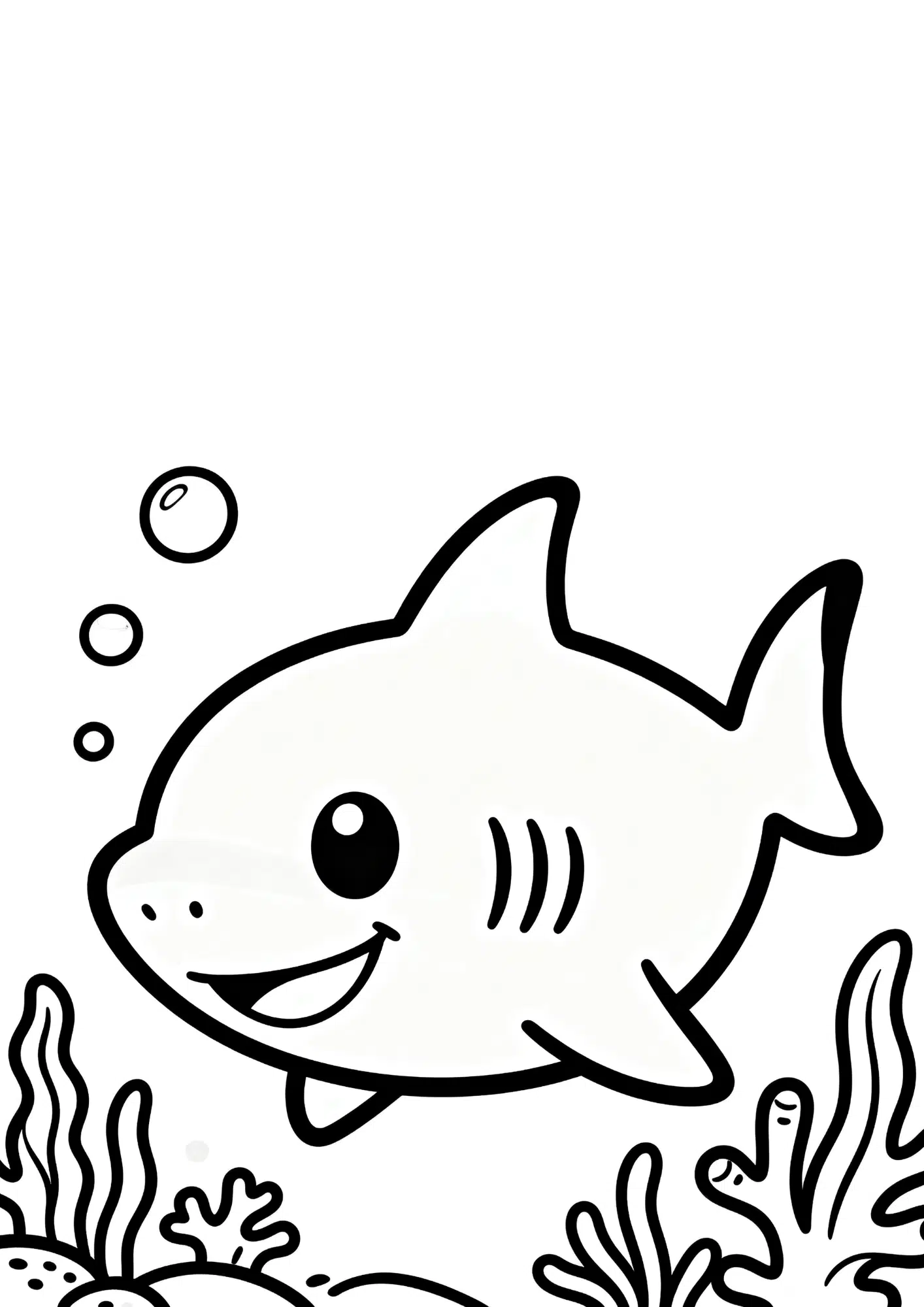 smiling shark coloring page for toddlers with thick black outlines and large empty spaces for easy coloring fun