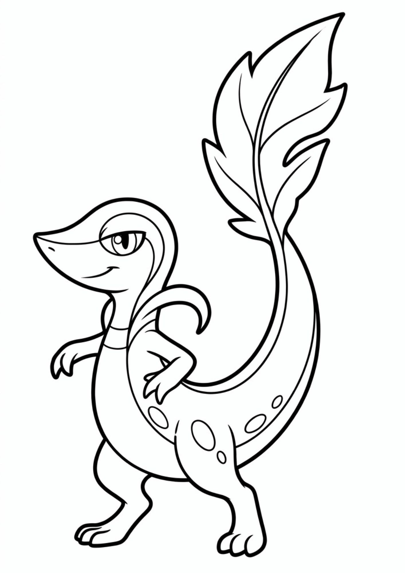 snivy coloring page printable black outline standing in dynamic pose leafy tail raised kids coloring sheet clean line art