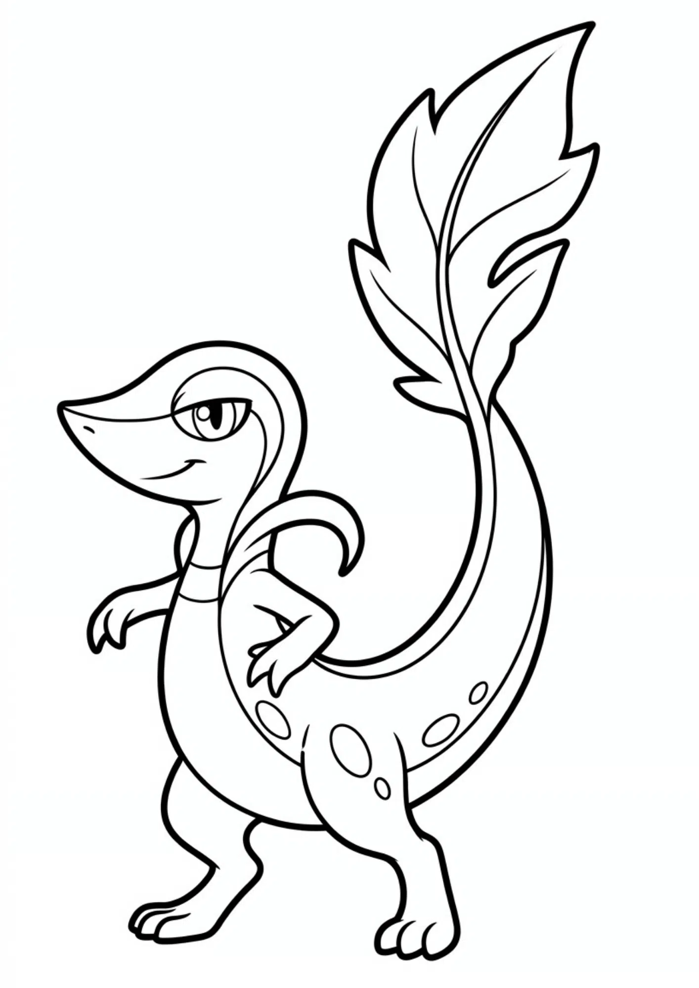 snivy coloring page printable black outline standing in dynamic pose leafy tail raised kids coloring sheet clean line art