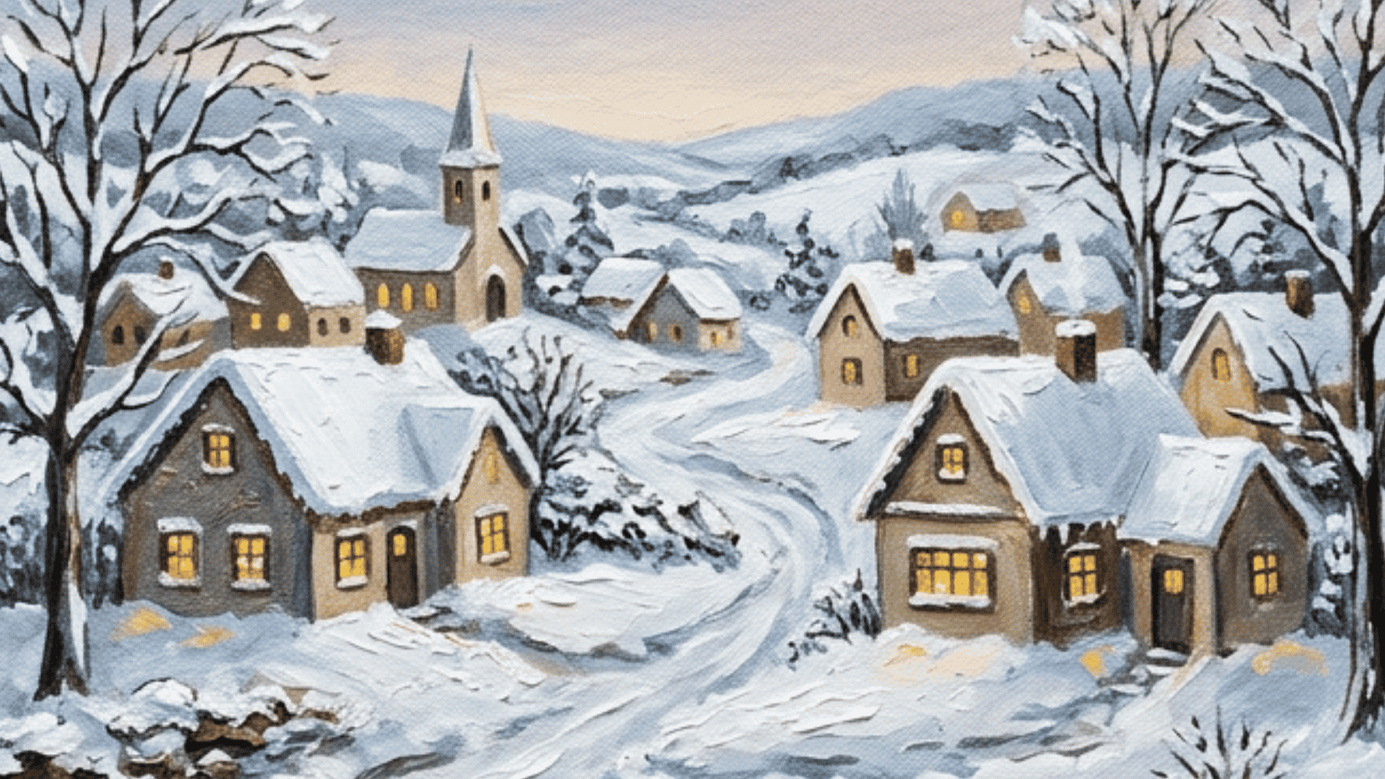 snowy village acrylic painting with cozy cottages glowing windows soft snowfall and a peaceful winter landscape