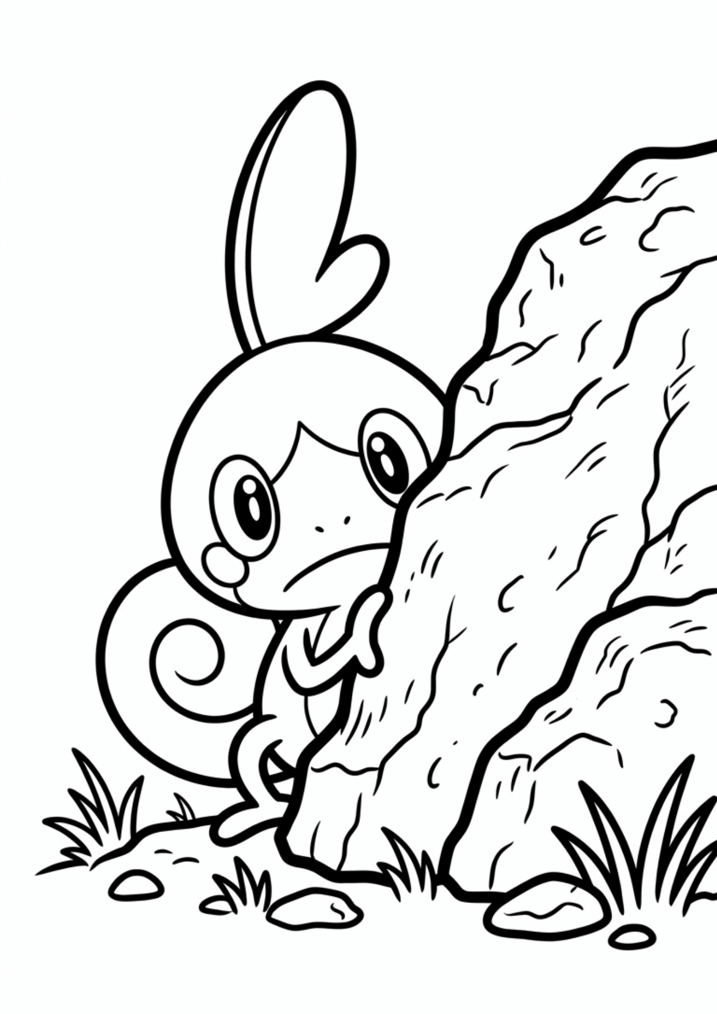 sobble coloring page printable black outline hiding behind rock shy pokemon kids coloring sheet clean line art