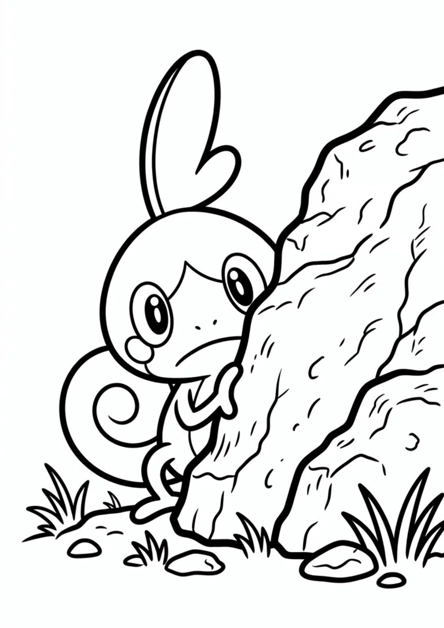 sobble coloring page printable black outline hiding behind rock shy pokemon kids coloring sheet clean line art