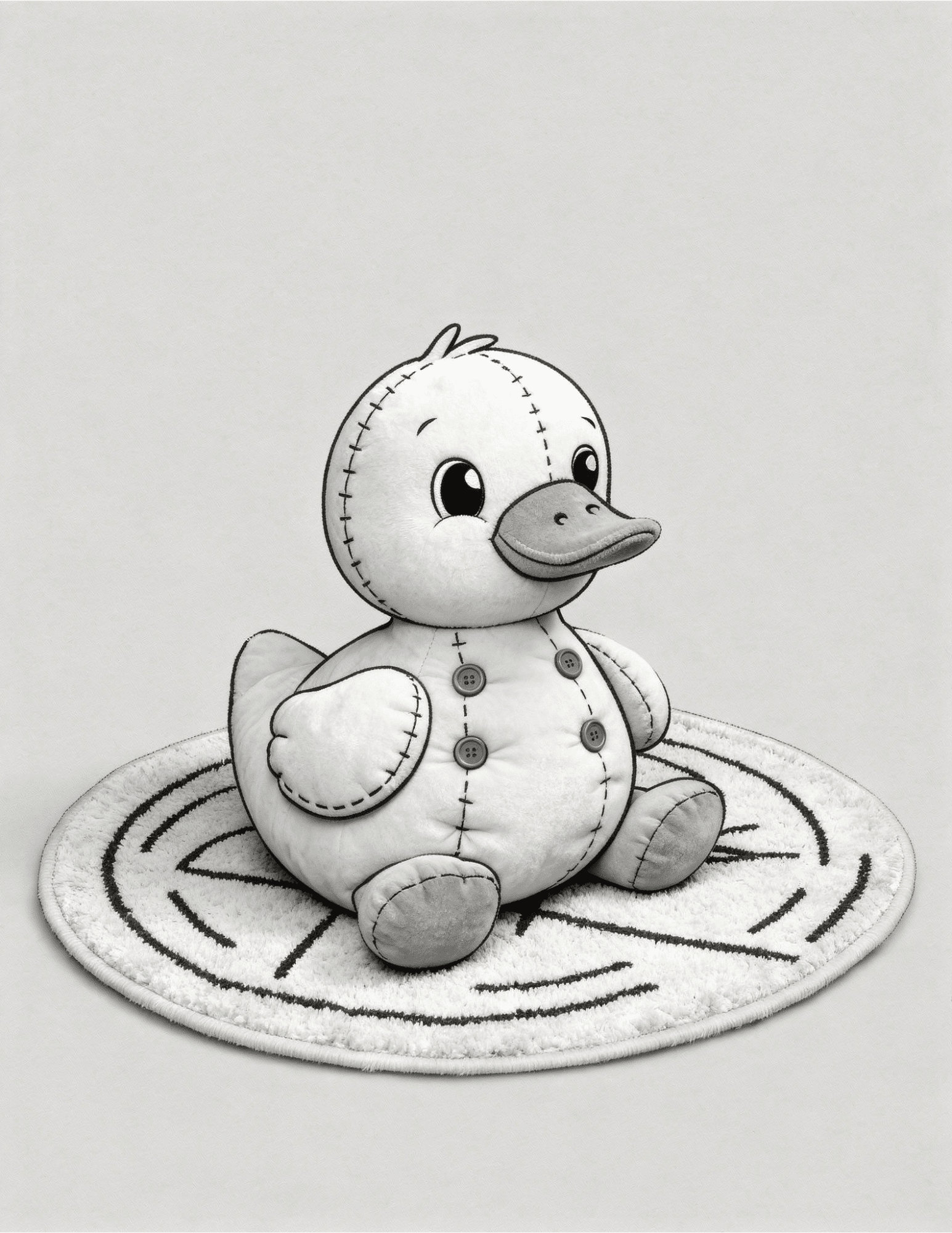 plush toy duck sitting at the ground looking straight