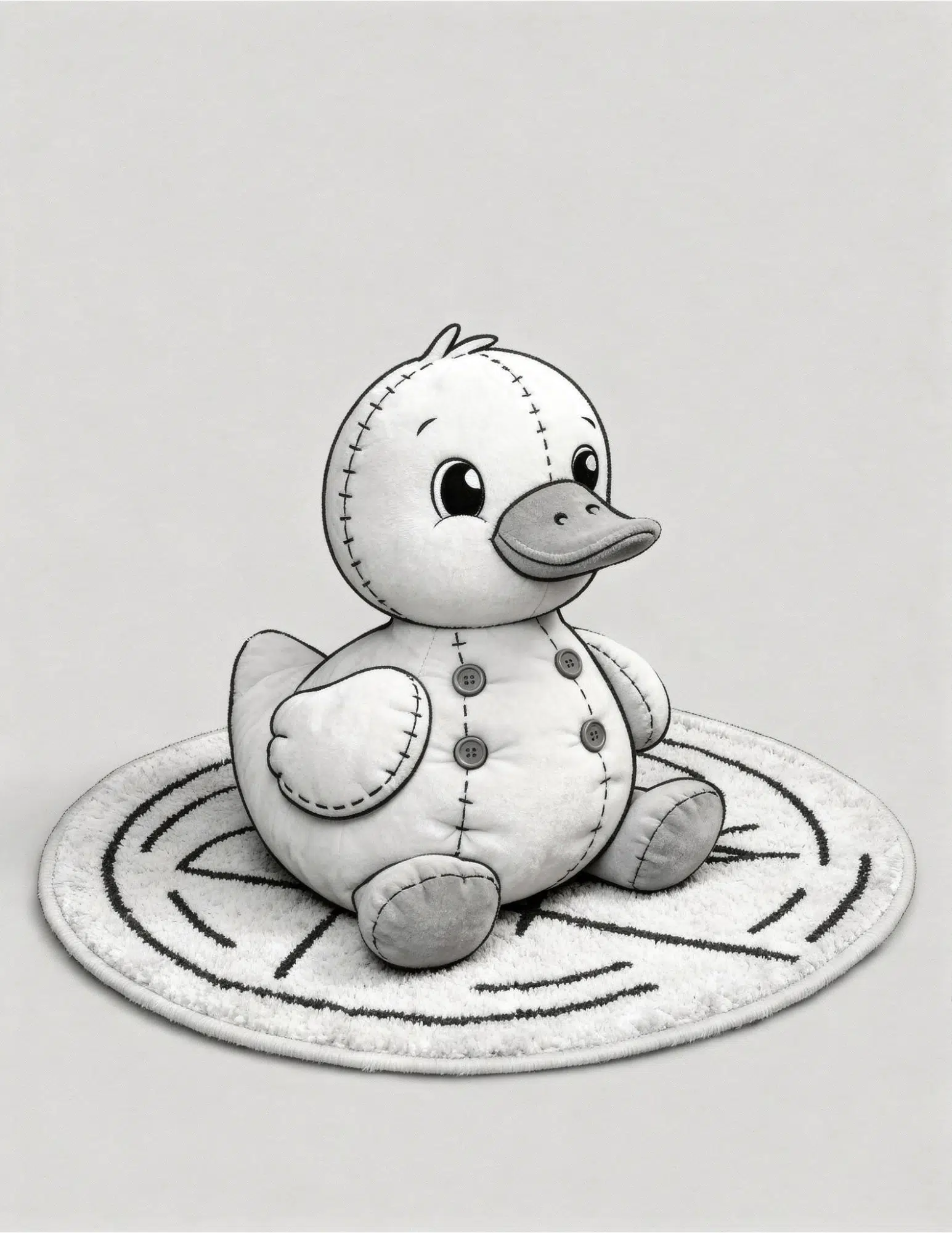 plush toy duck sitting at the ground looking straight