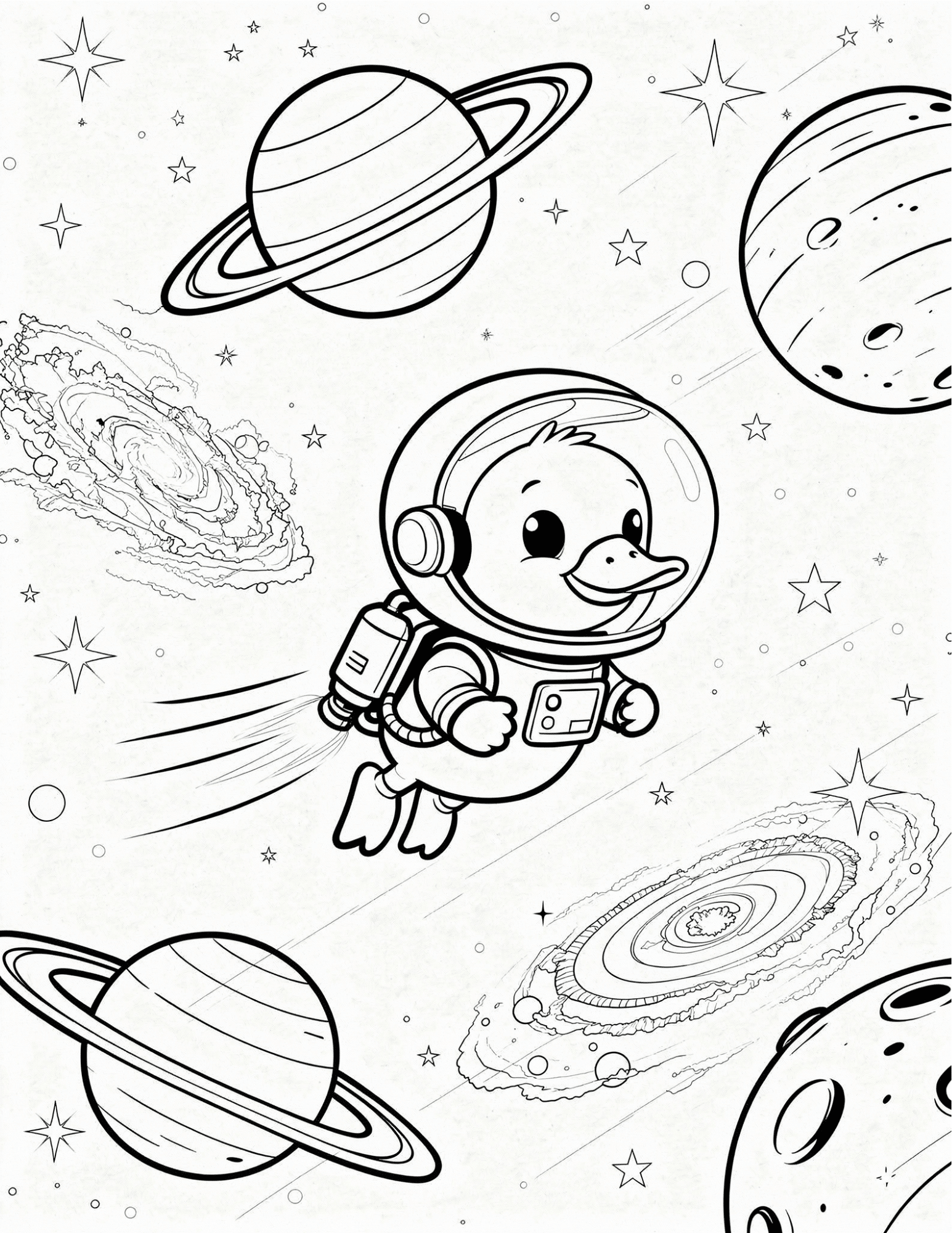 duck astronaut in space with stars planets and jetpack coloring page outline