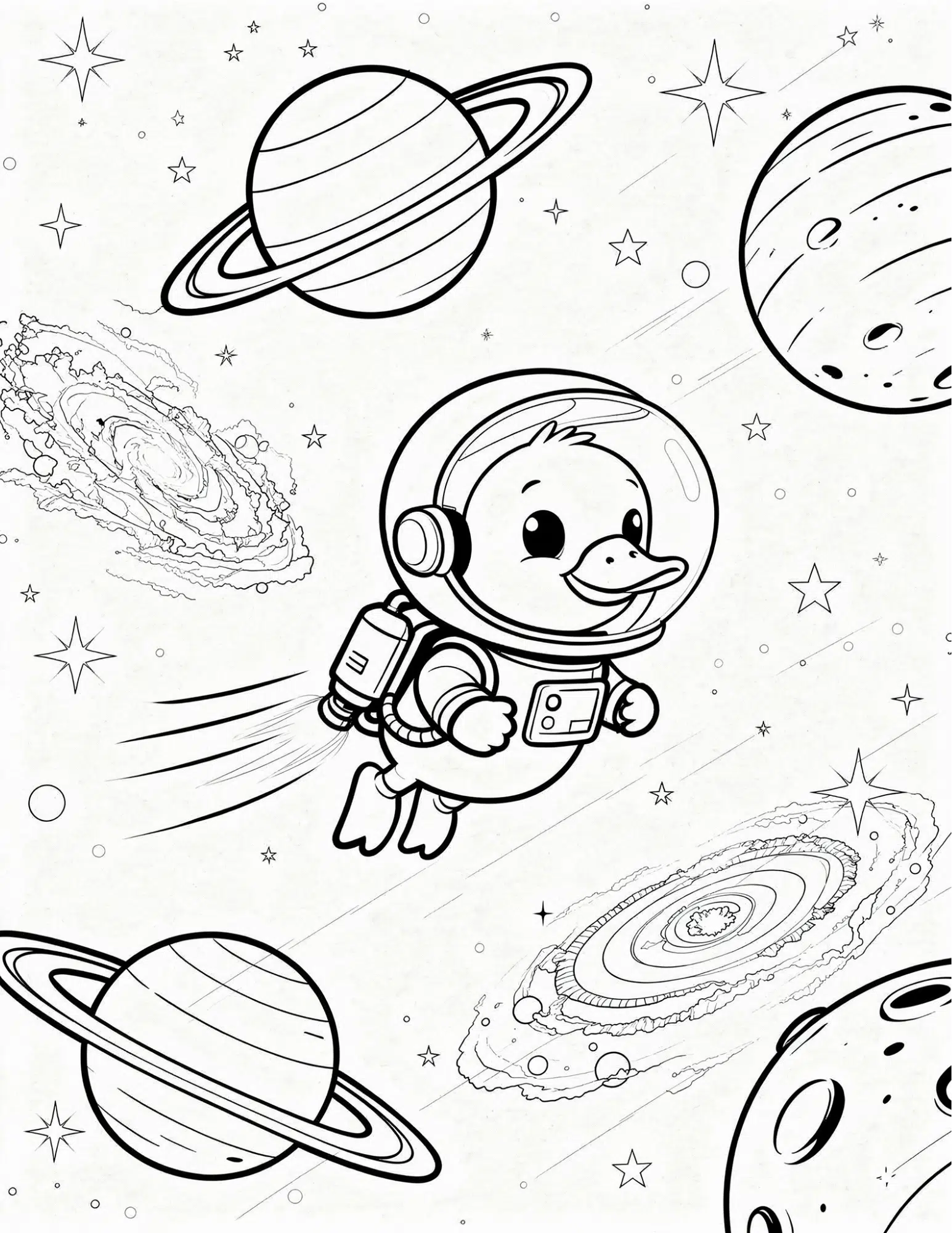 duck astronaut in space with stars planets and jetpack coloring page outline