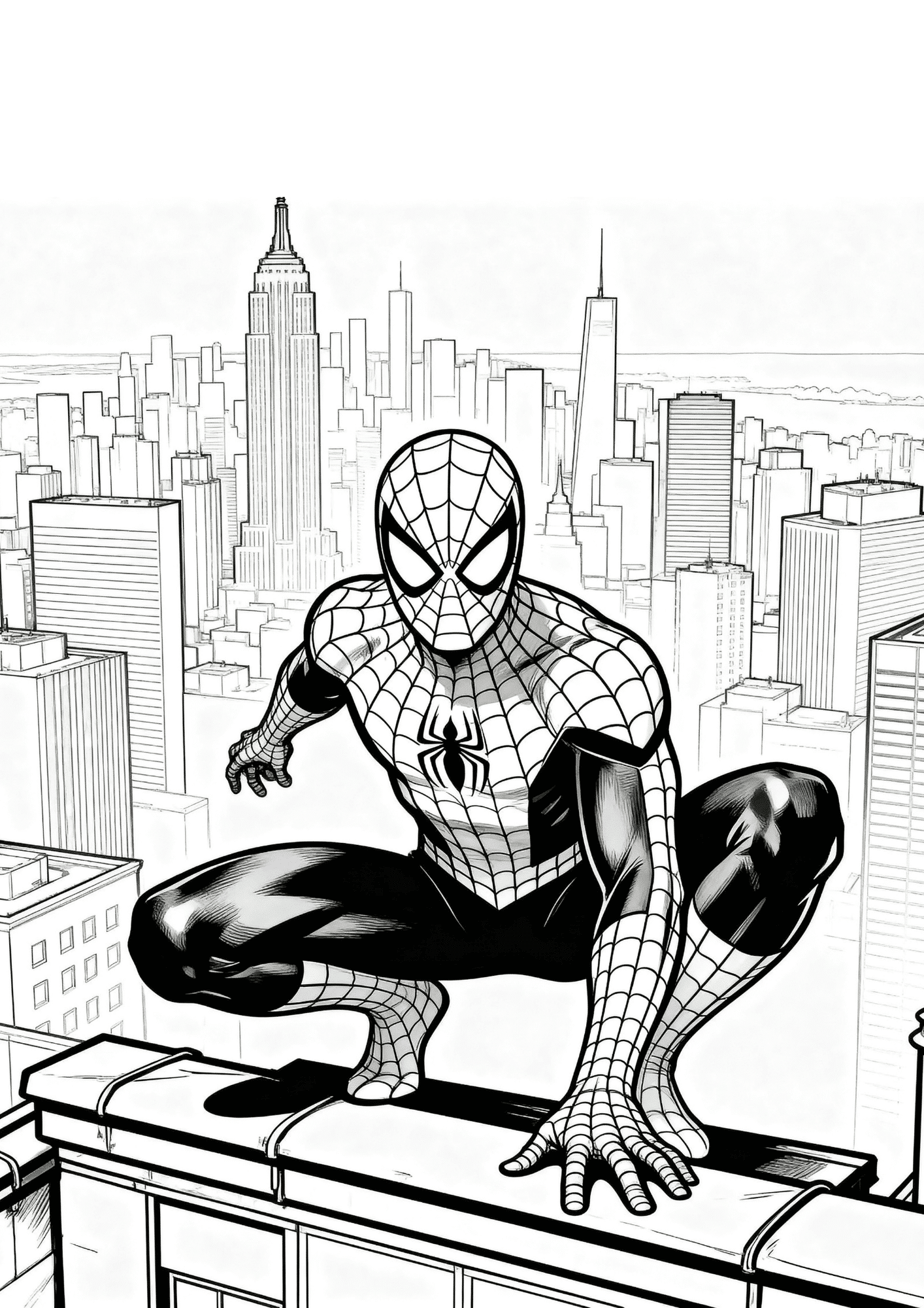 spider man city adventure coloring page with rooftop pose and city skyline for kids to print
