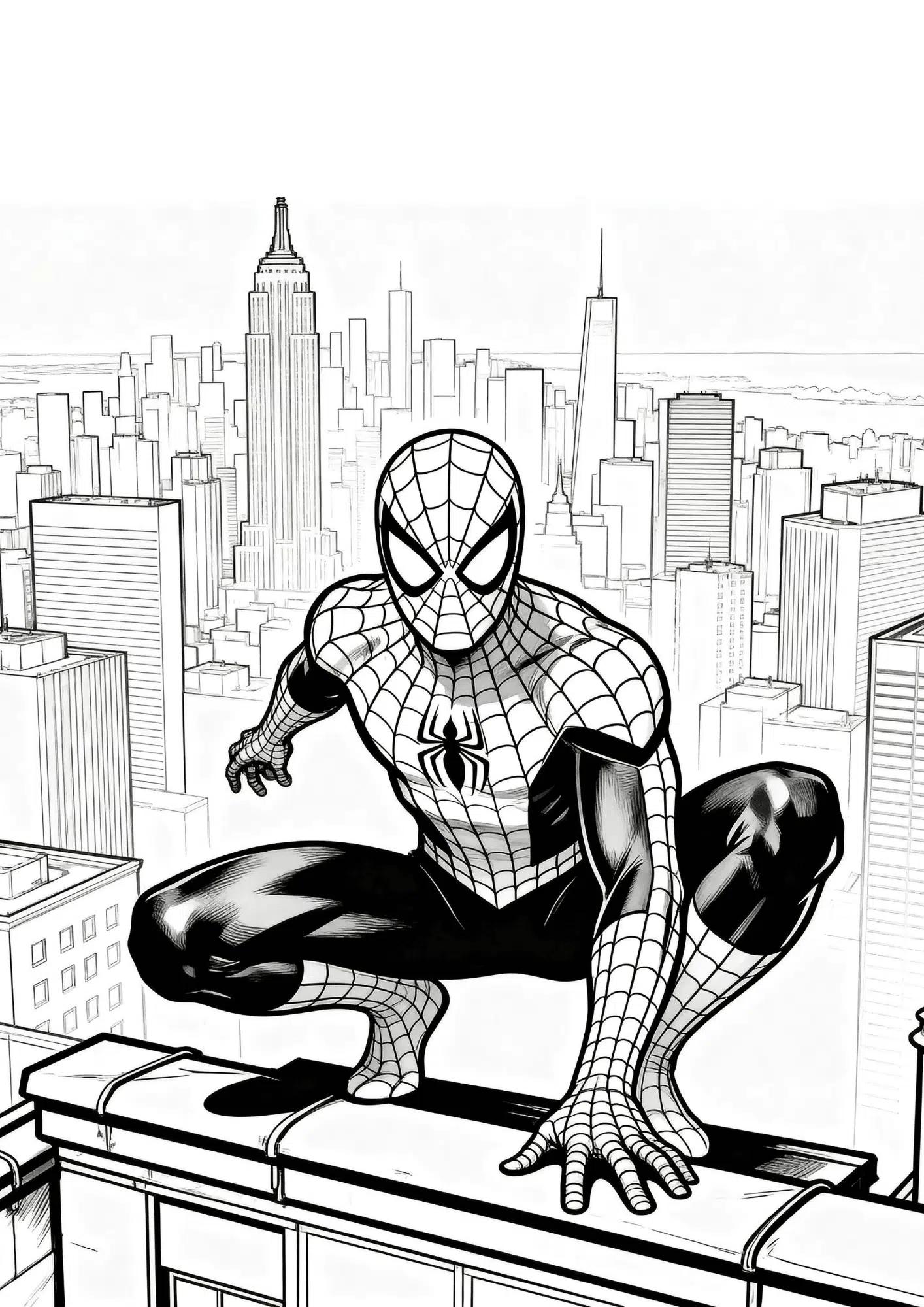 spider man city adventure coloring page with rooftop pose and city skyline for kids to print