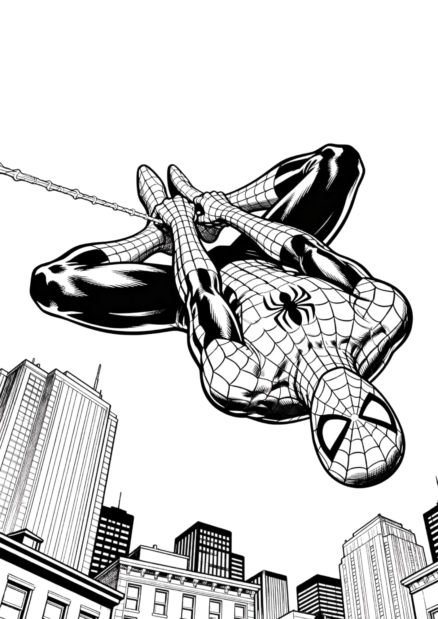 spider man hanging upside down coloring page with superhero web pose above city for kids to print