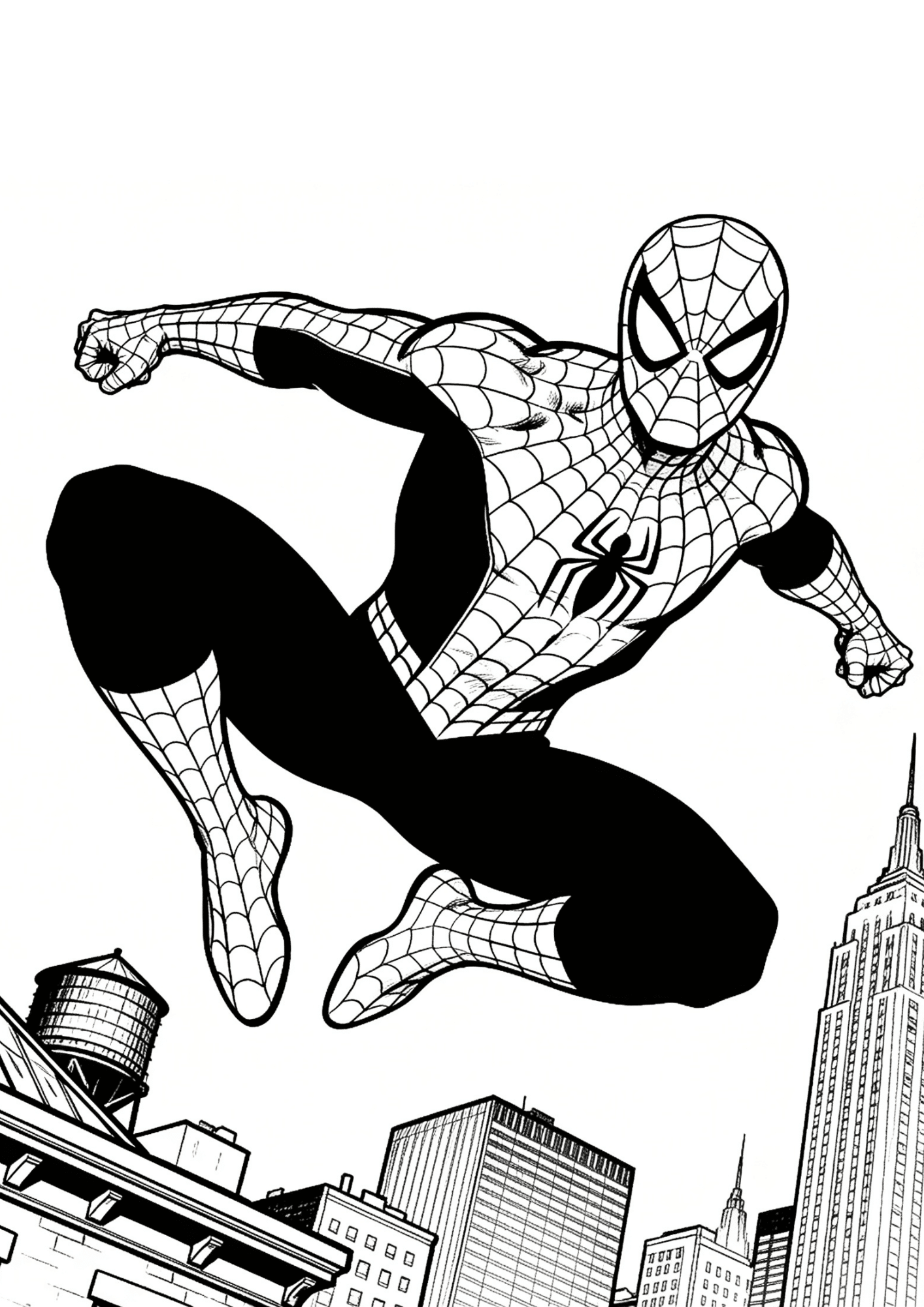spider man jumping scene coloring page with rooftop action pose for children