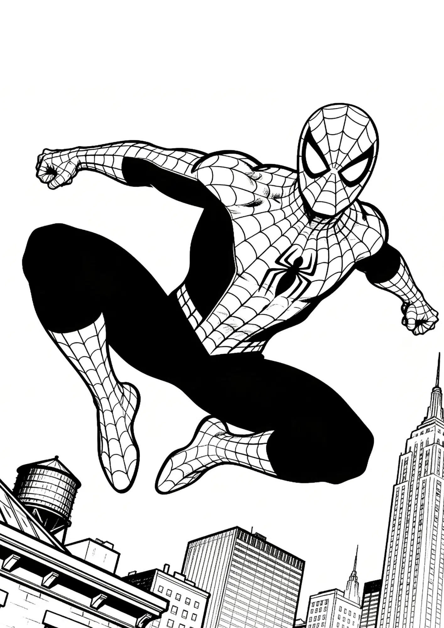 spider man jumping scene coloring page with rooftop action pose for children