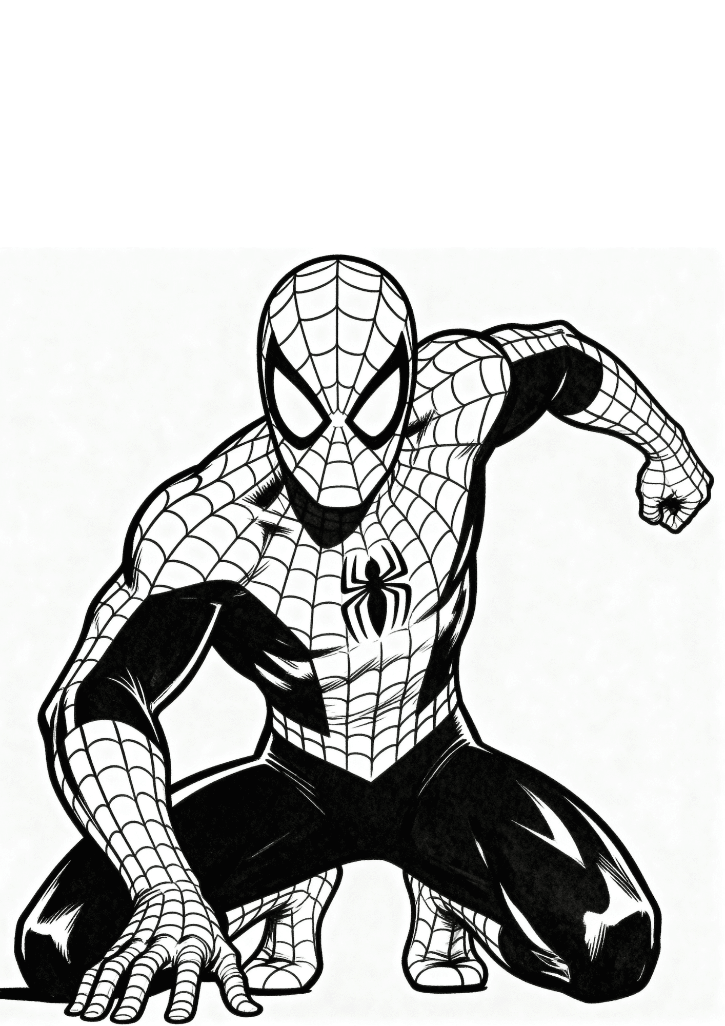 spider man superhero landing pose coloring page with classic crouch for kids to print and color