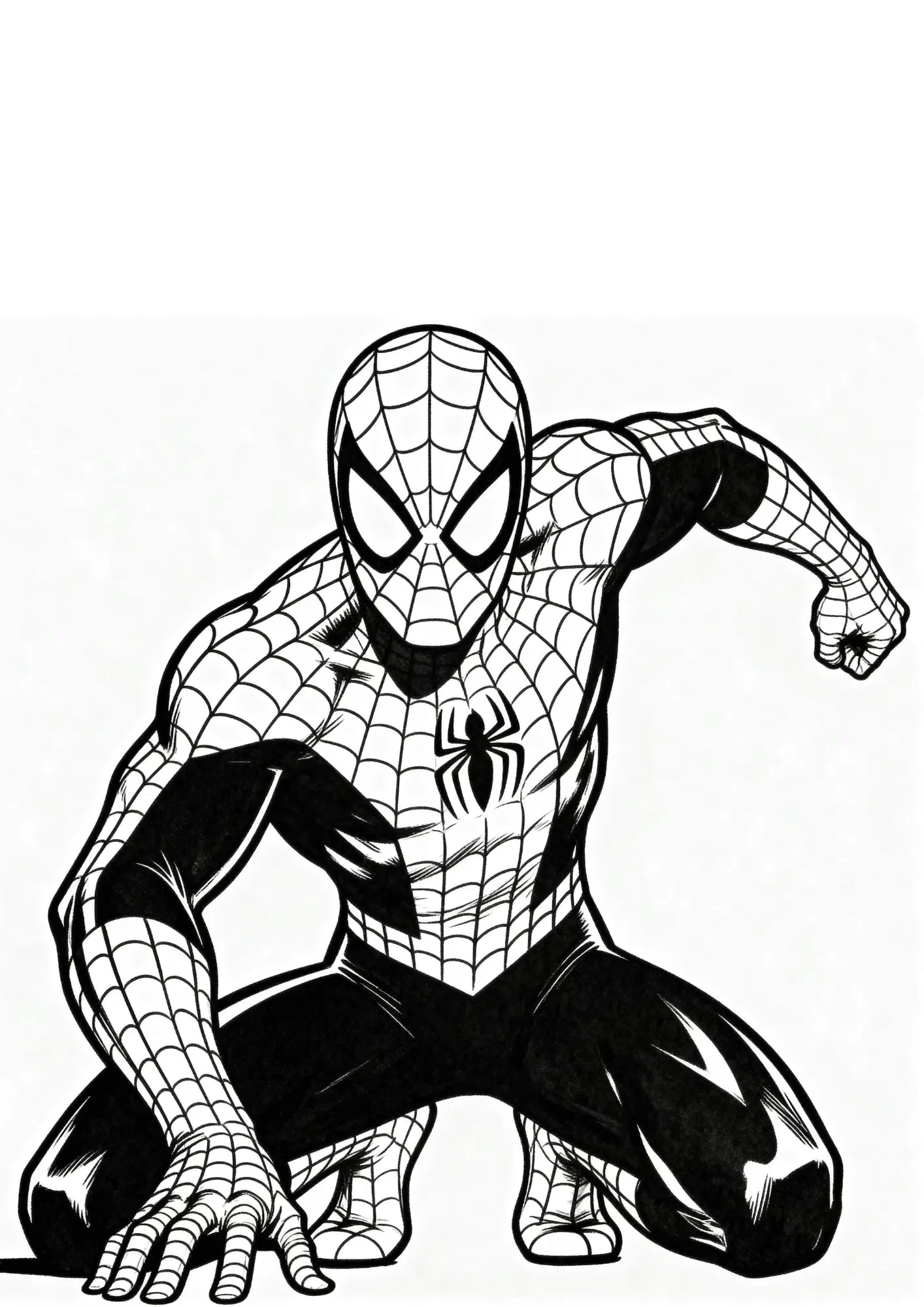 spider man superhero landing pose coloring page with classic crouch for kids to print and color