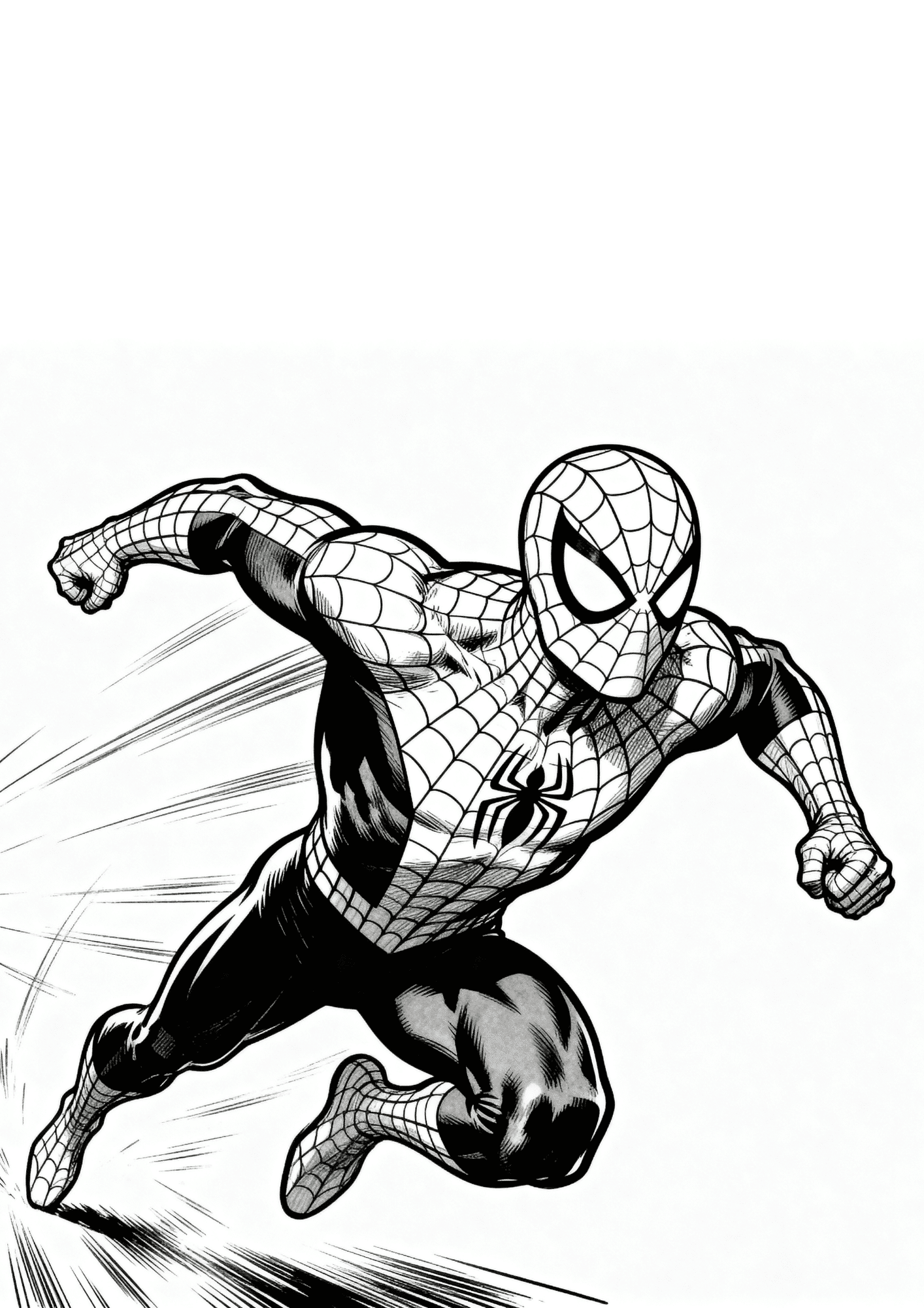 spider man running pose coloring page with motion lines and dynamic superhero action for kids to print