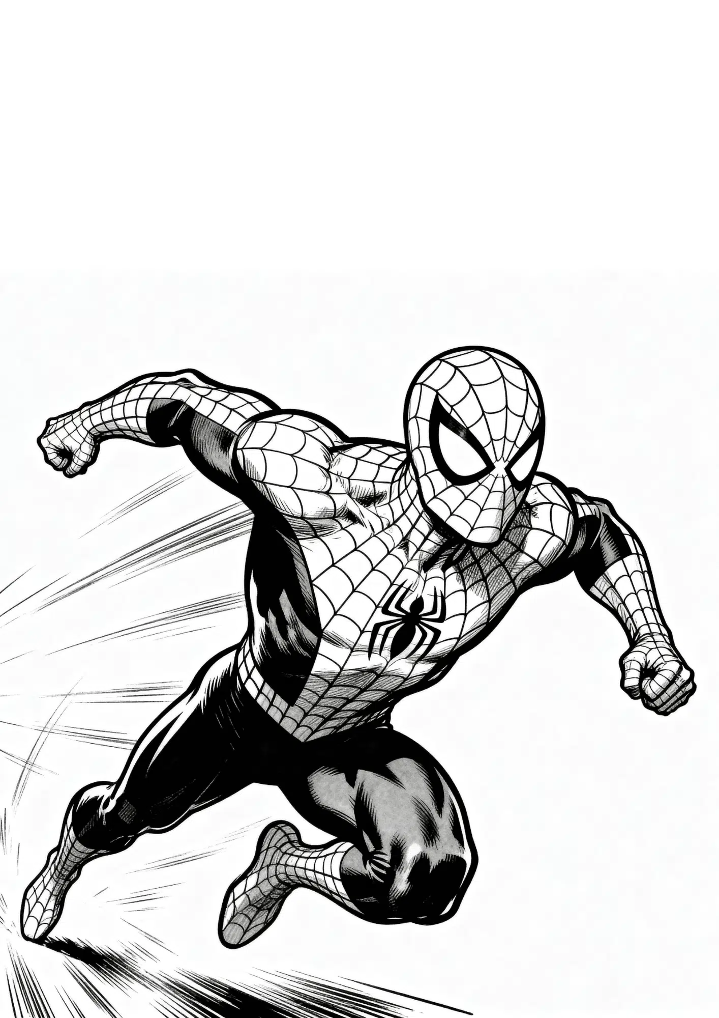 spider man running pose coloring page with motion lines and dynamic superhero action for kids to print