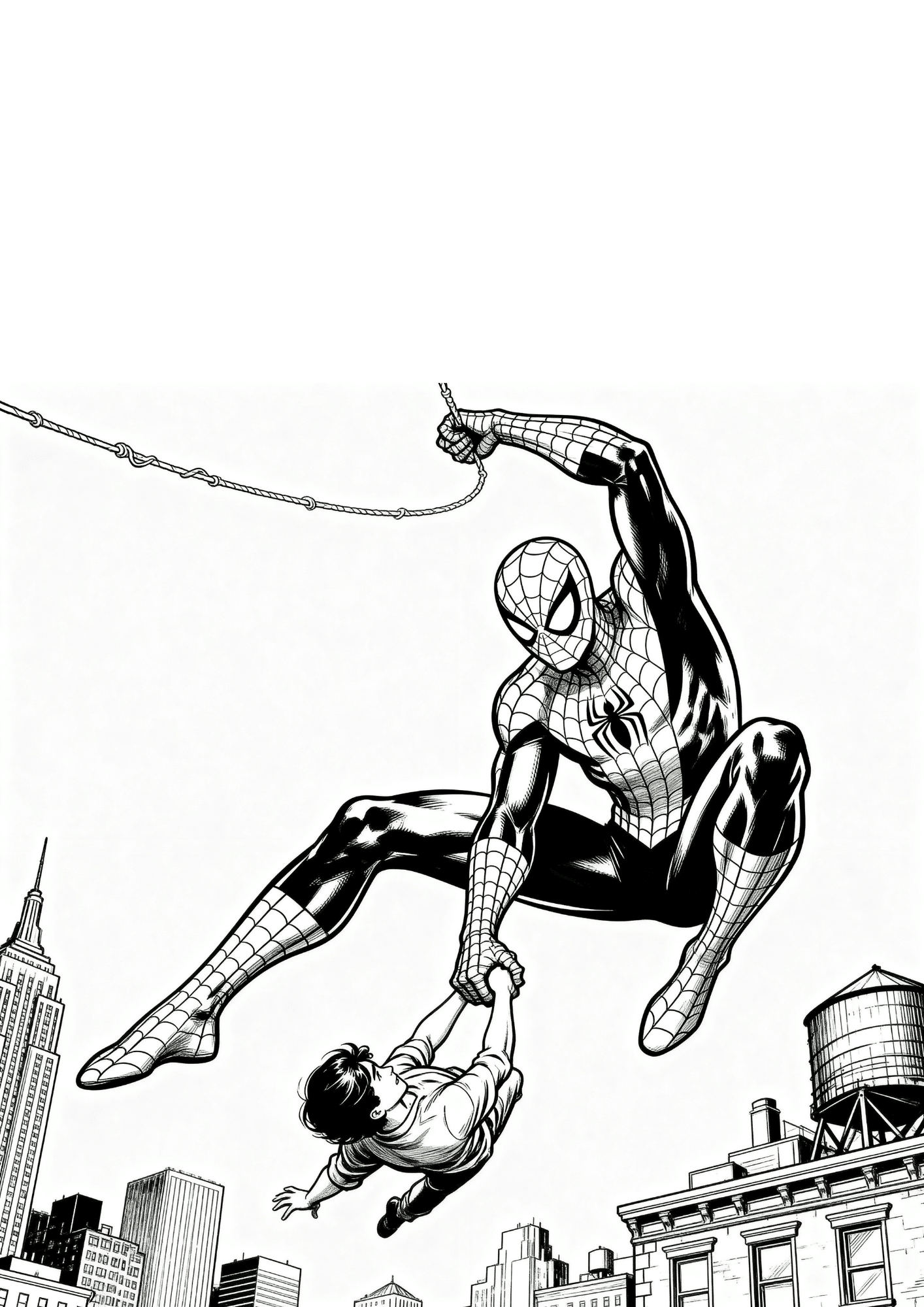 spider man rescue coloring page with web swing action and superhero saving person in city scene for kids