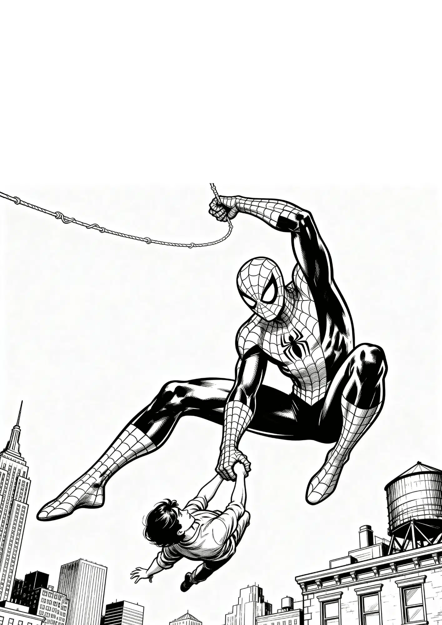 spider man rescue coloring page with web swing action and superhero saving person in city scene for kids