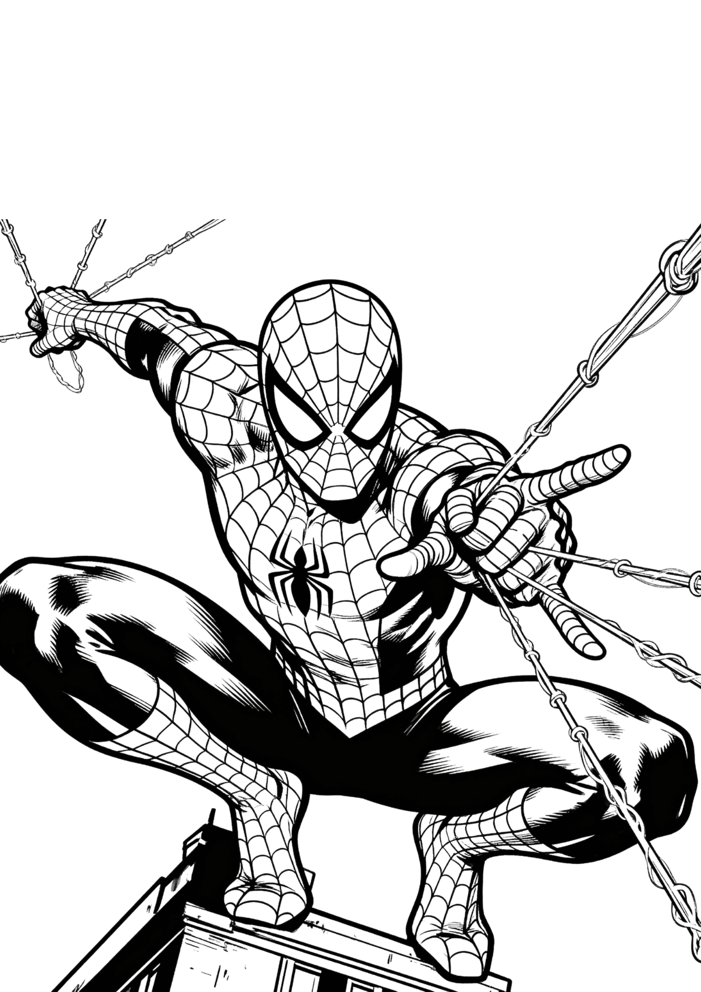 spider man shooting webs coloring page with flying web strands and hero pose