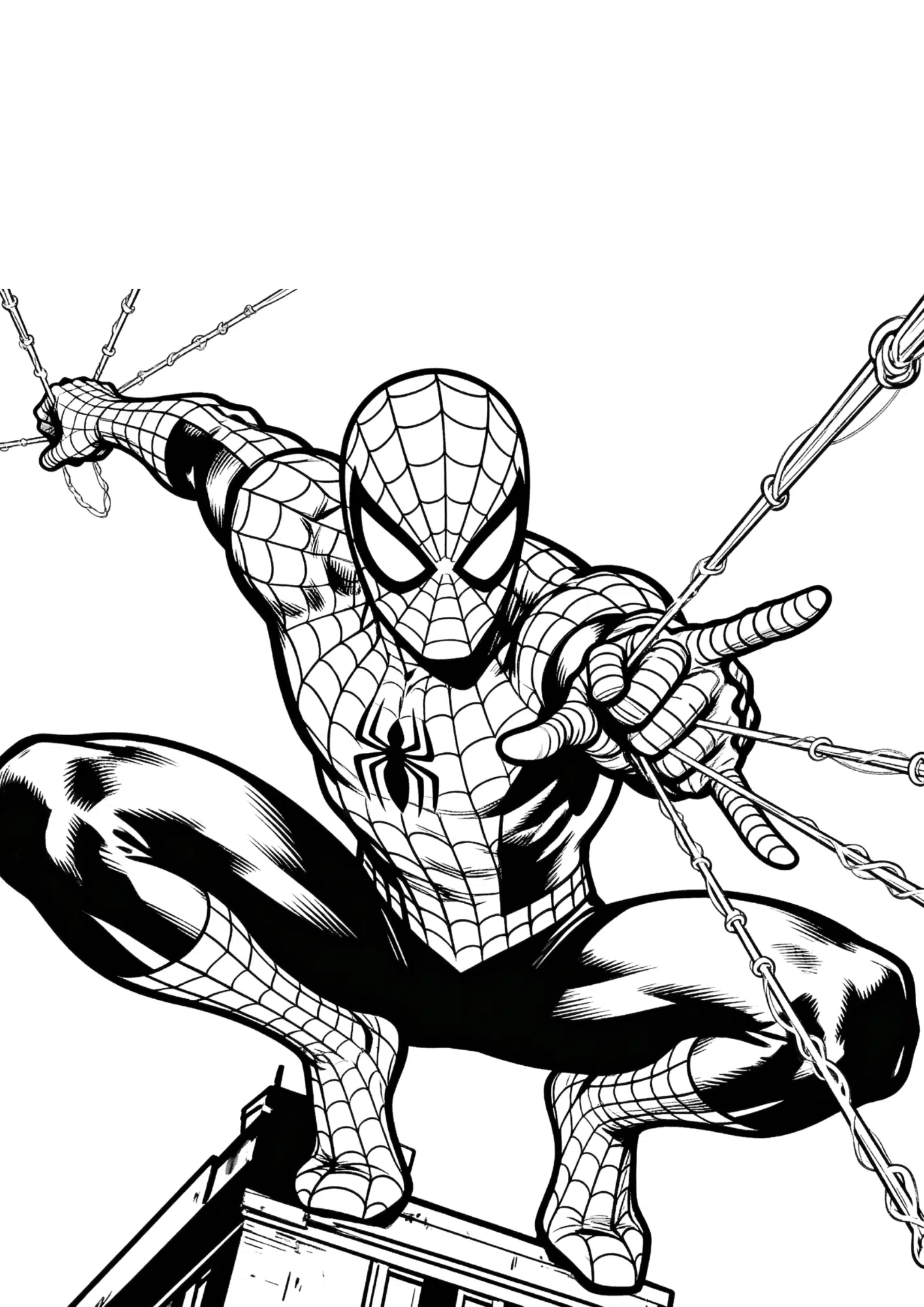 spider man shooting webs coloring page with flying web strands and hero pose