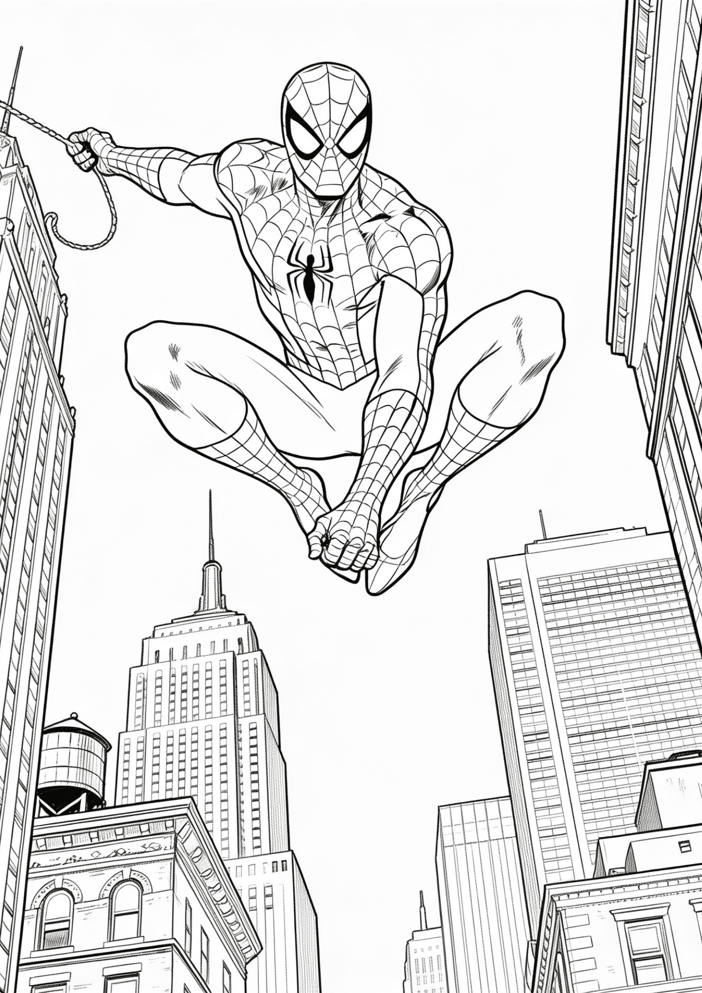 spider man swinging through city coloring page with skyscrapers and web action scene