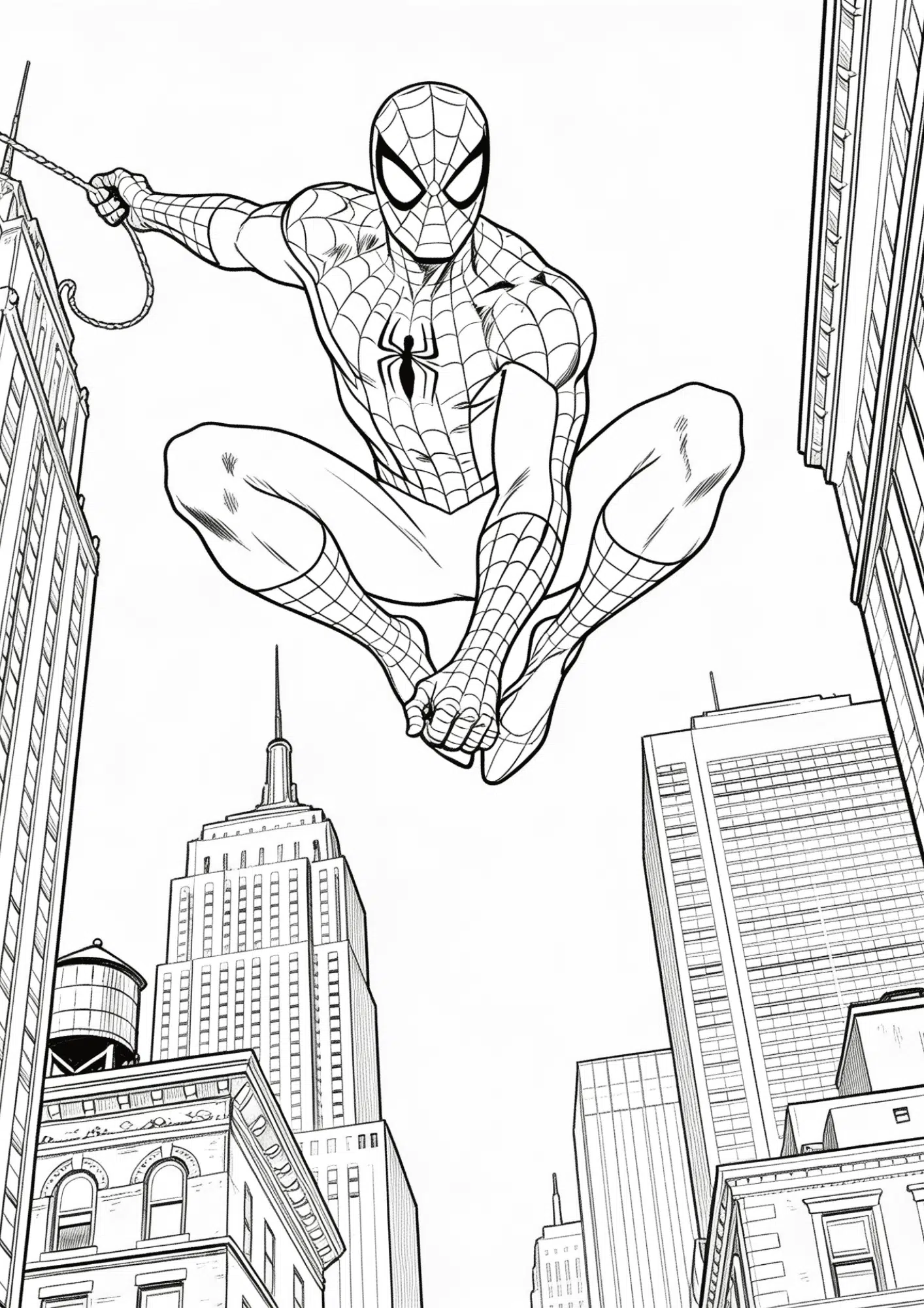 spider man swinging through city coloring page with skyscrapers and web action scene