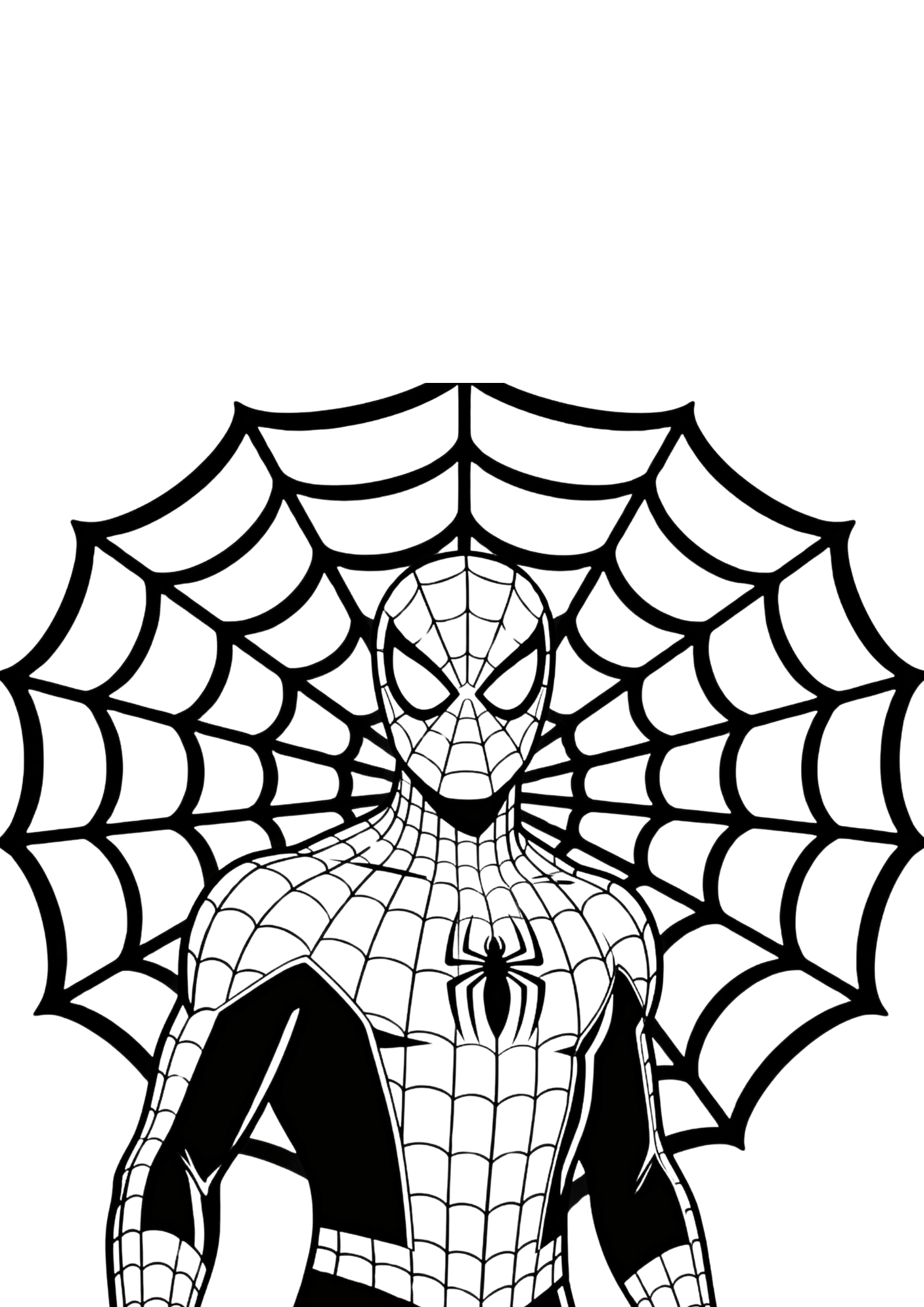 spider man coloring page with hero in front of large decorative web for kids to print and color