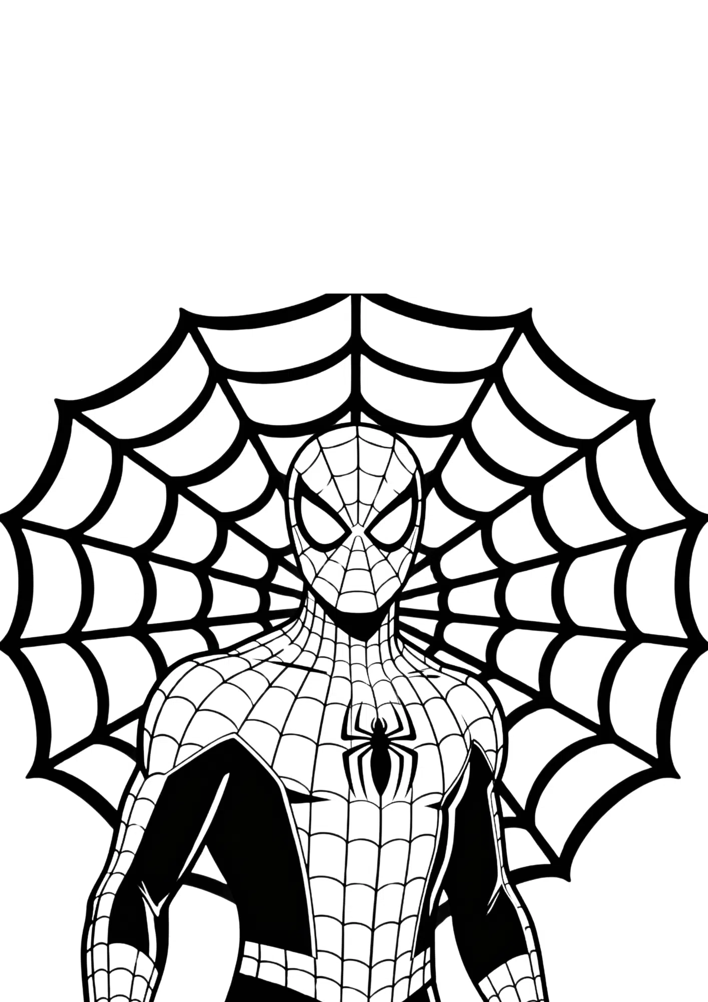 spider man coloring page with hero in front of large decorative web for kids to print and color