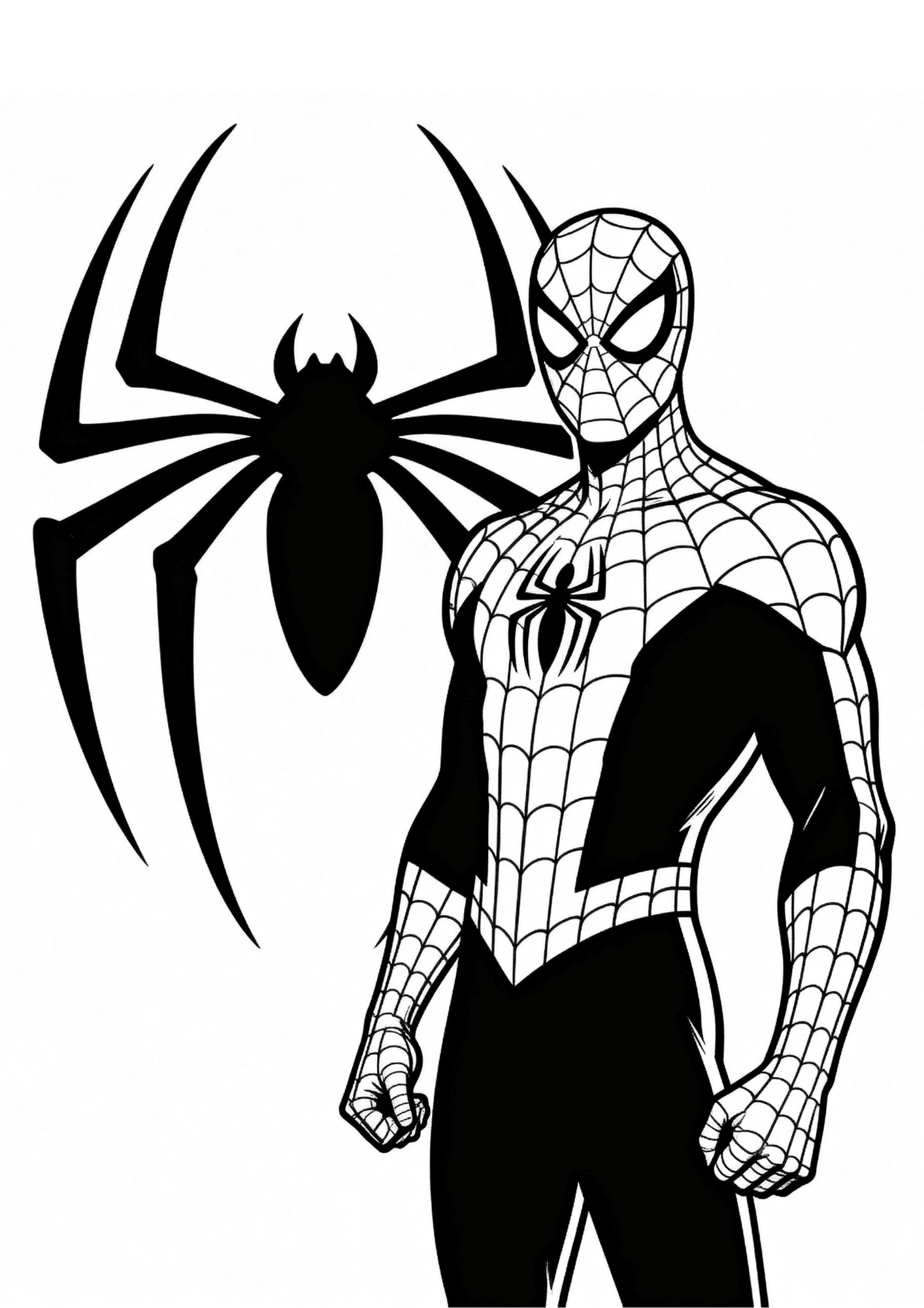 spider man coloring page with hero beside iconic spider logo for kids to print and color at home