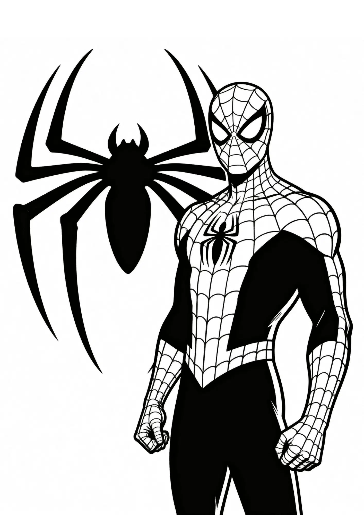 spider man coloring page with hero beside iconic spider logo for kids to print and color at home