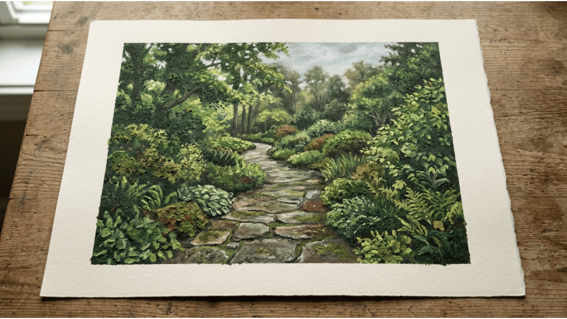 sponging acrylic painting creating natural texture in foliage and stone surfaces