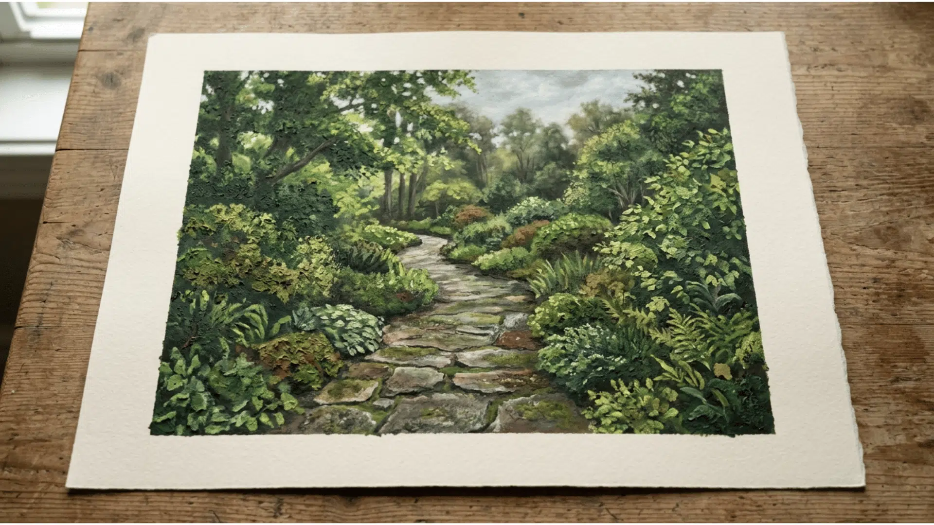 sponging acrylic painting creating natural texture in foliage and stone surfaces