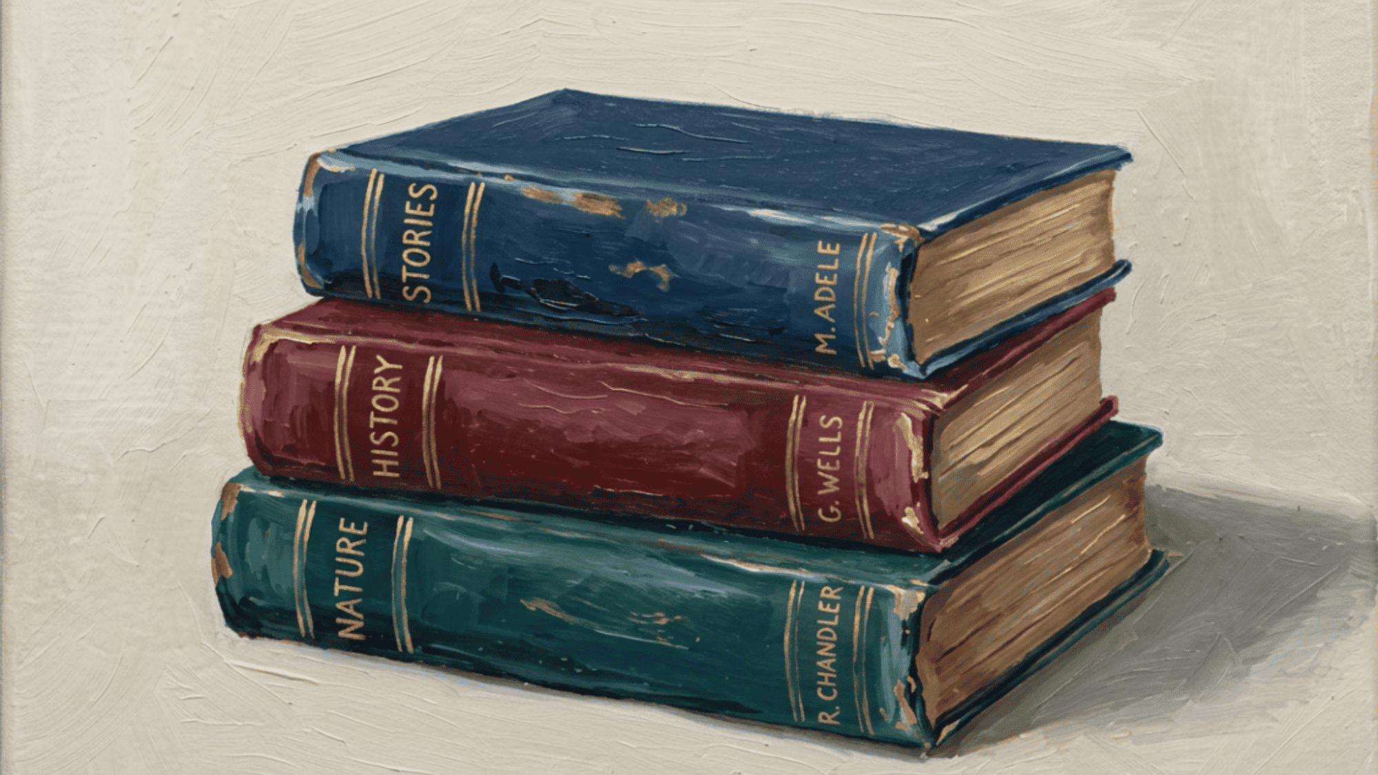 stack of books acrylic painting with colorful covers soft shadows cozy table setting and artistic detail