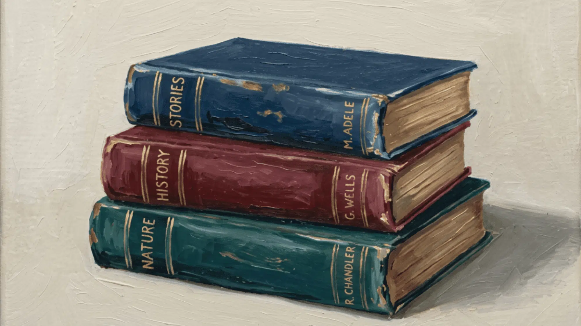 stack of books acrylic painting with colorful covers soft shadows cozy table setting and artistic detail