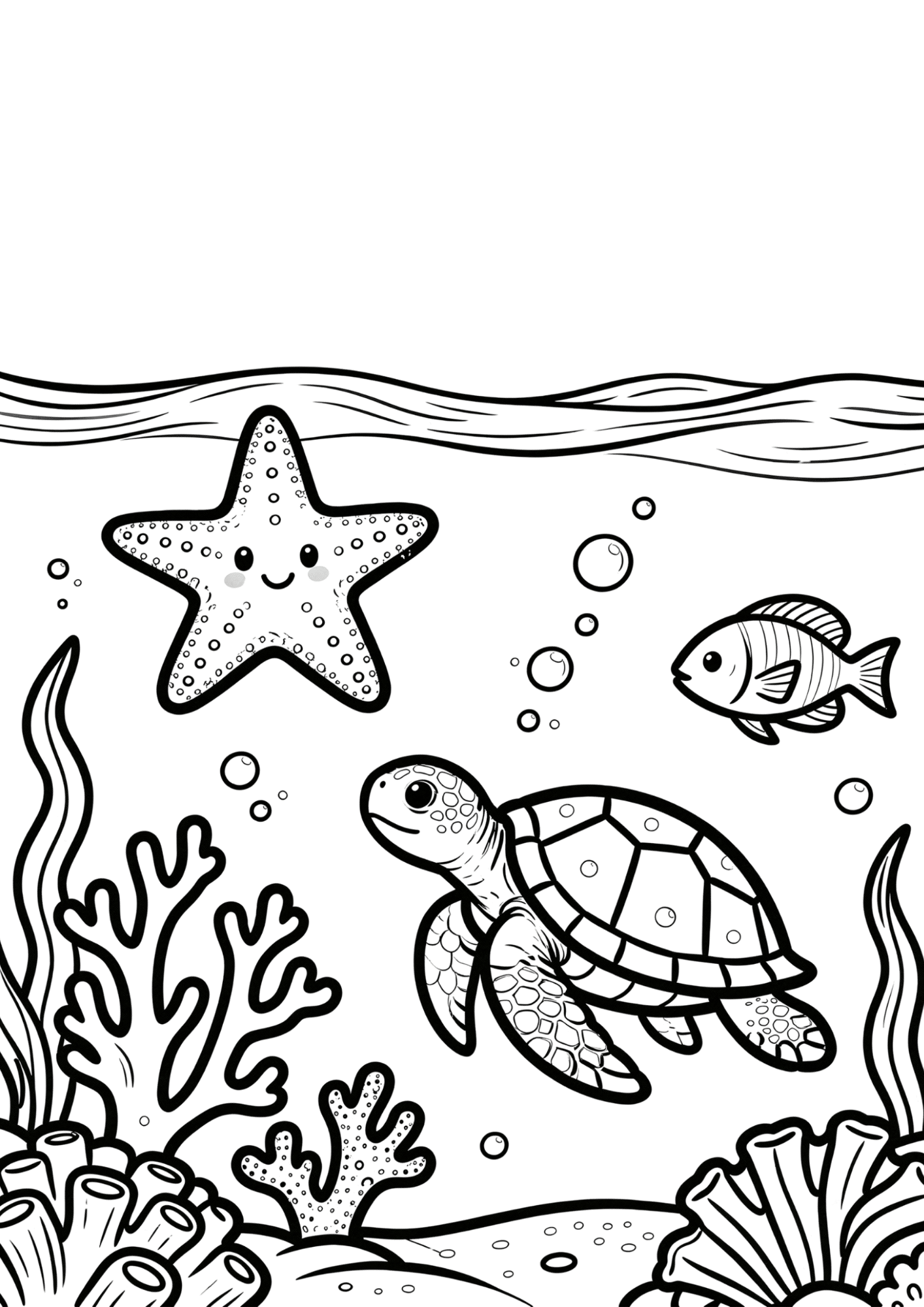 starfish and sea plants underwater black outline coloring page ocean sea life for kids
