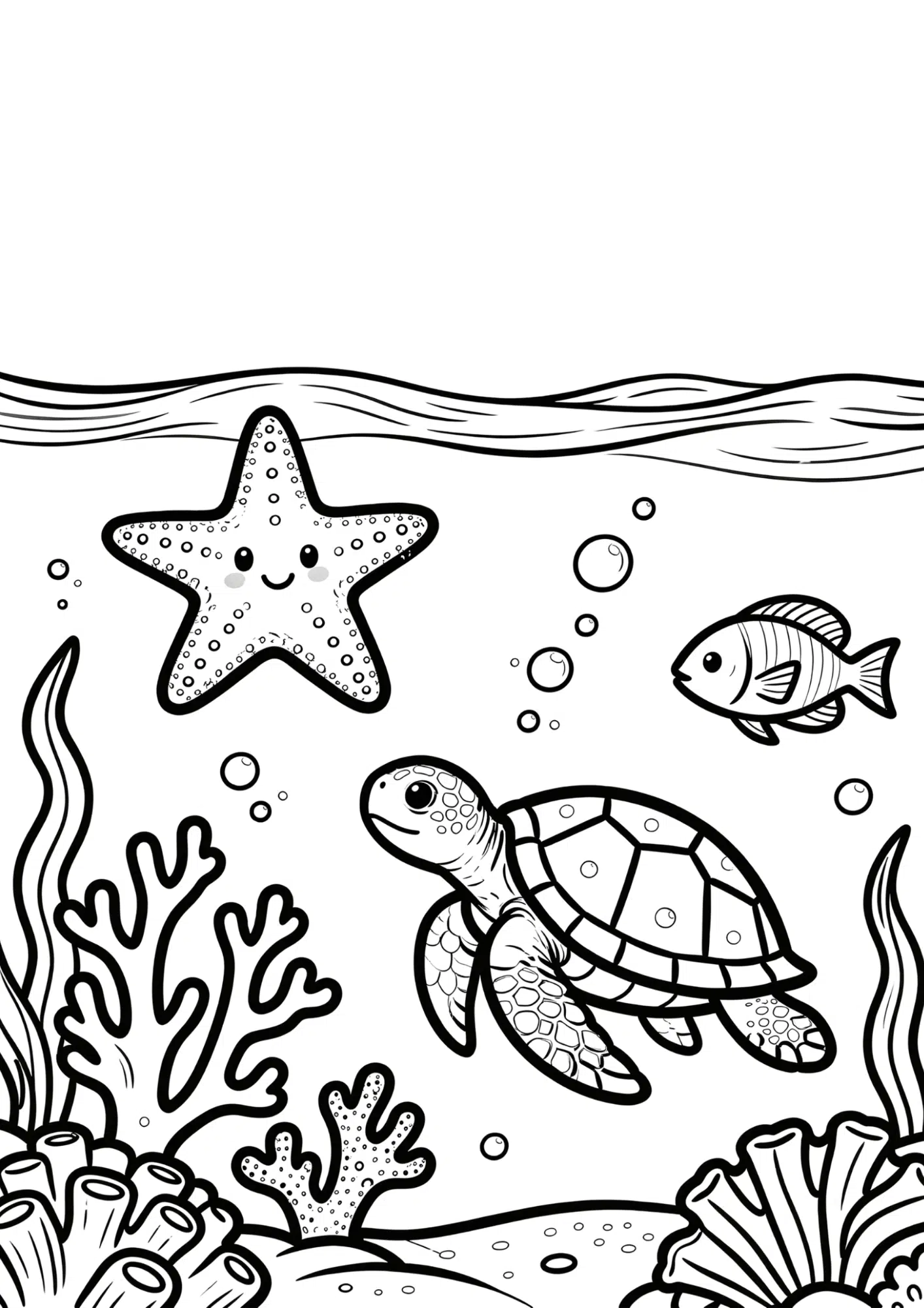 starfish and sea plants underwater black outline coloring page ocean sea life for kids